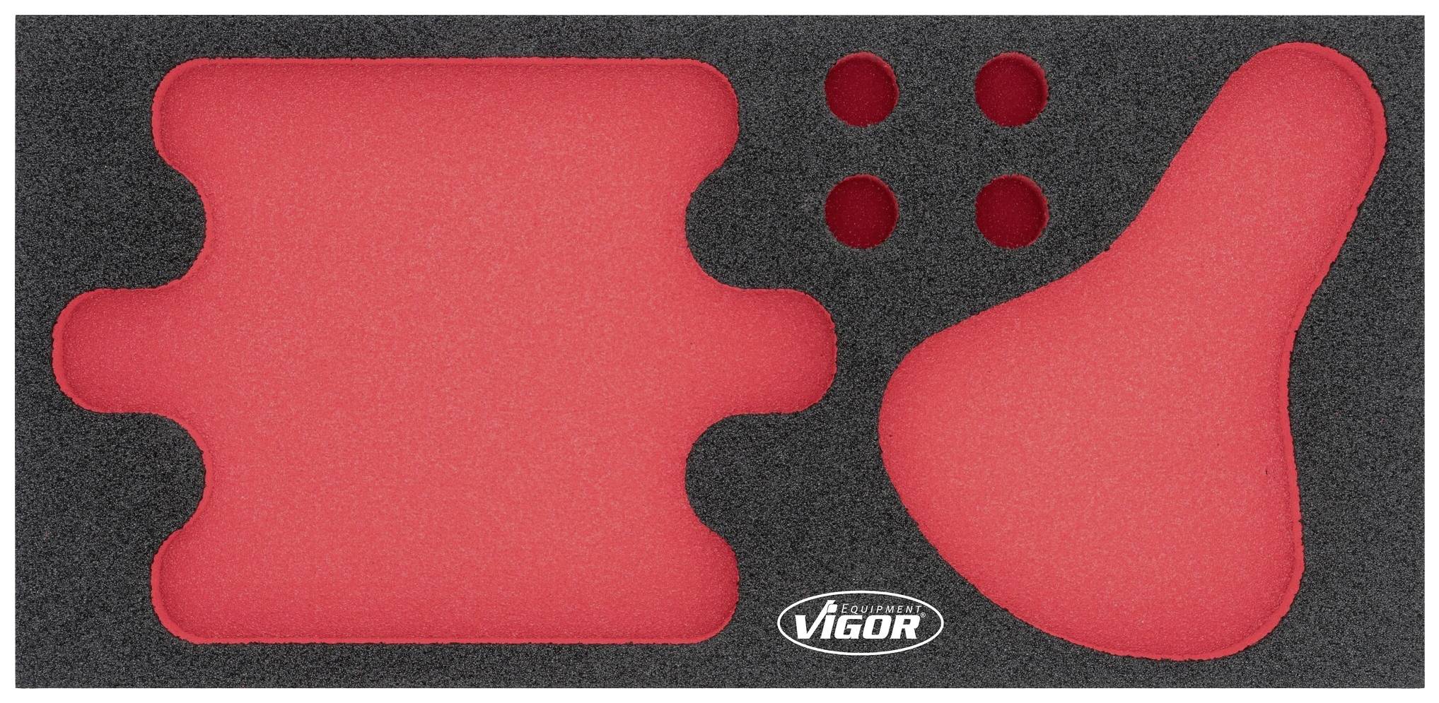 Un insert en mousse noir avec des découpes rouges sur mesure pour le rangement sécurisé des outils ou des accessoires de vélo.