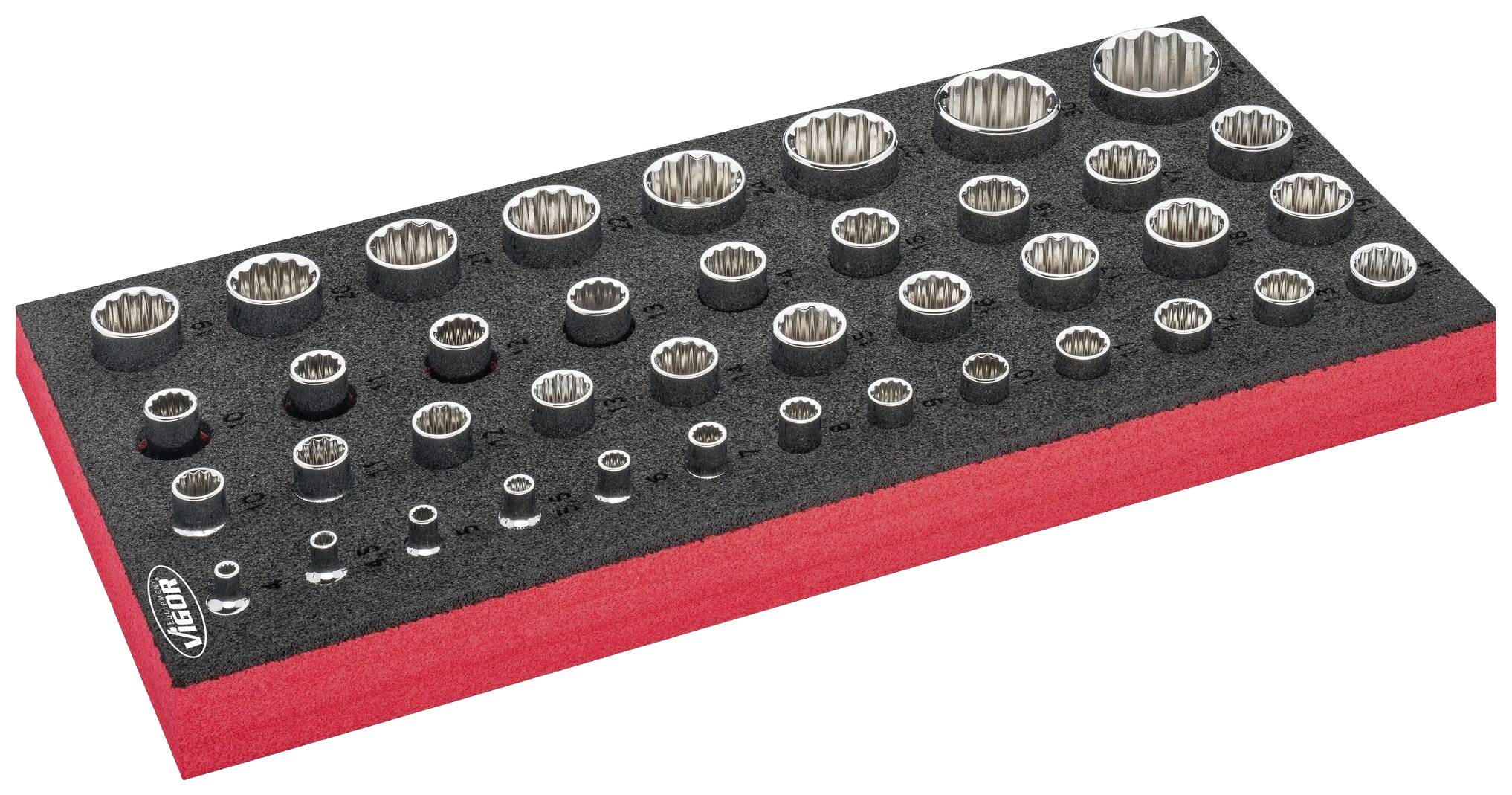 Un ensemble de boulons de différentes tailles, soigneusement disposés dans un support noir et rouge.