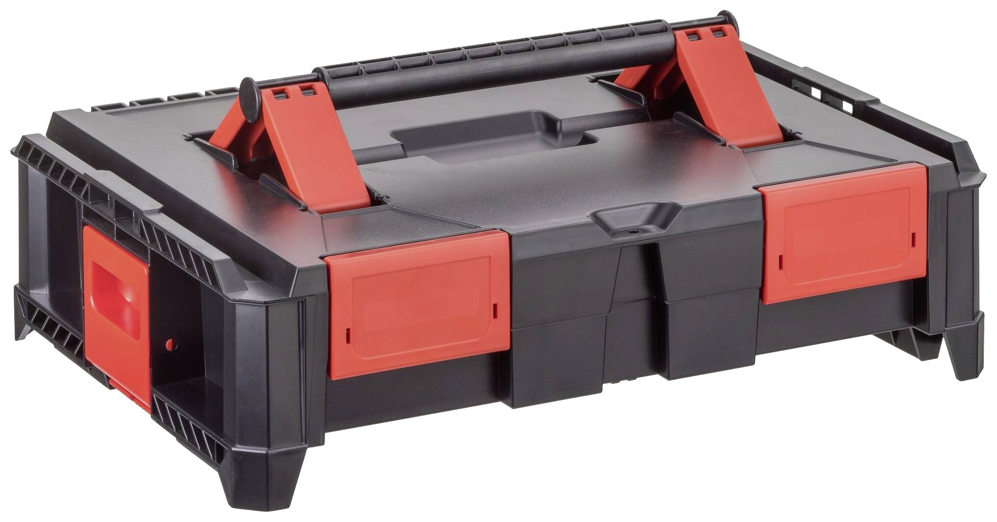 Une mallette à outils noire avec des fermoirs rouges et une poignée de transport, idéale pour le rangement sécurisé des outils et accessoires.