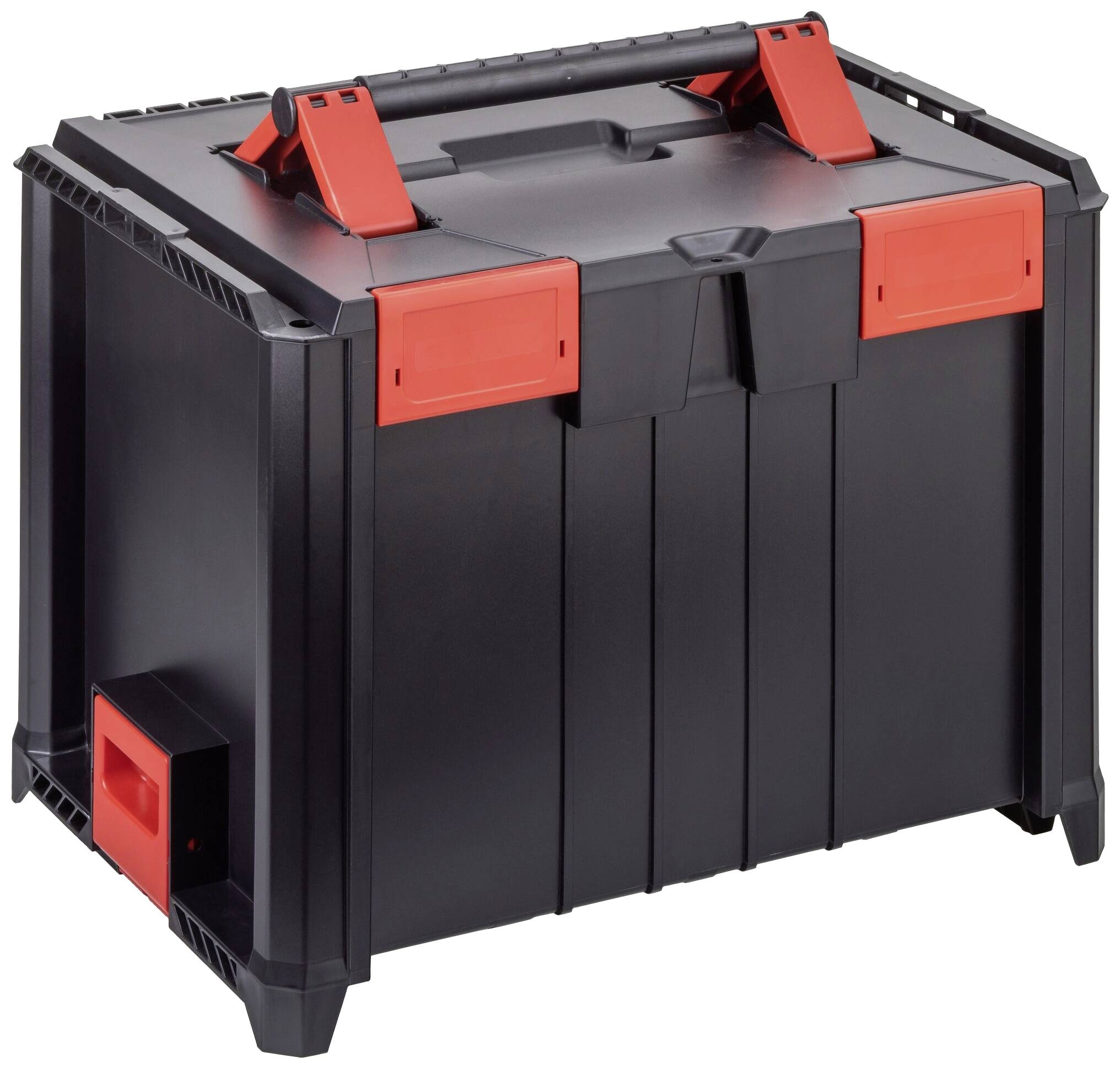 Boîte à outils noire avec poignée rouge et fermoirs rouges. Convient au rangement et au transport des outils.