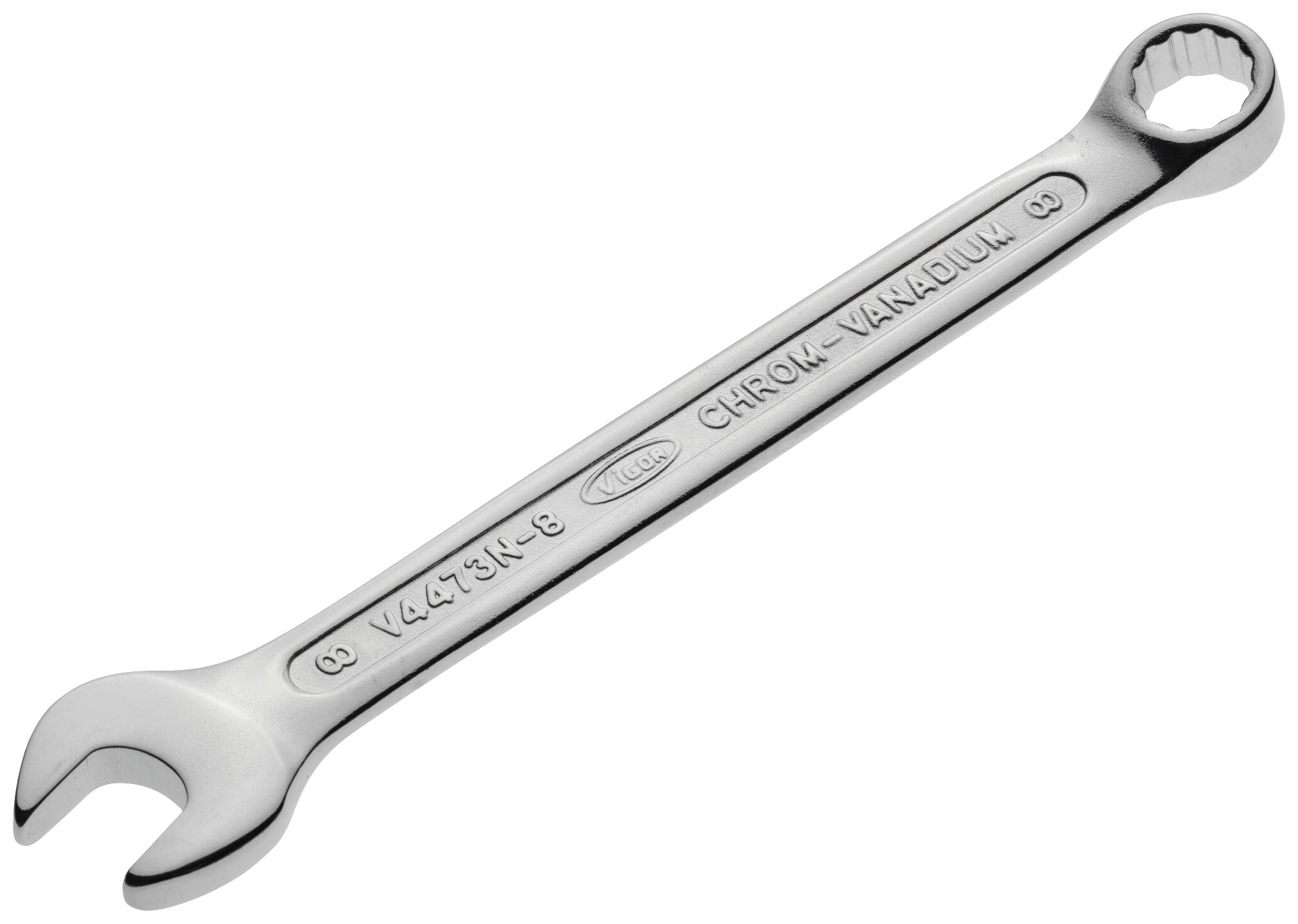 Une clé à molette en chrome-vanadium à face ouverte et annulaire, sur un fond blanc.