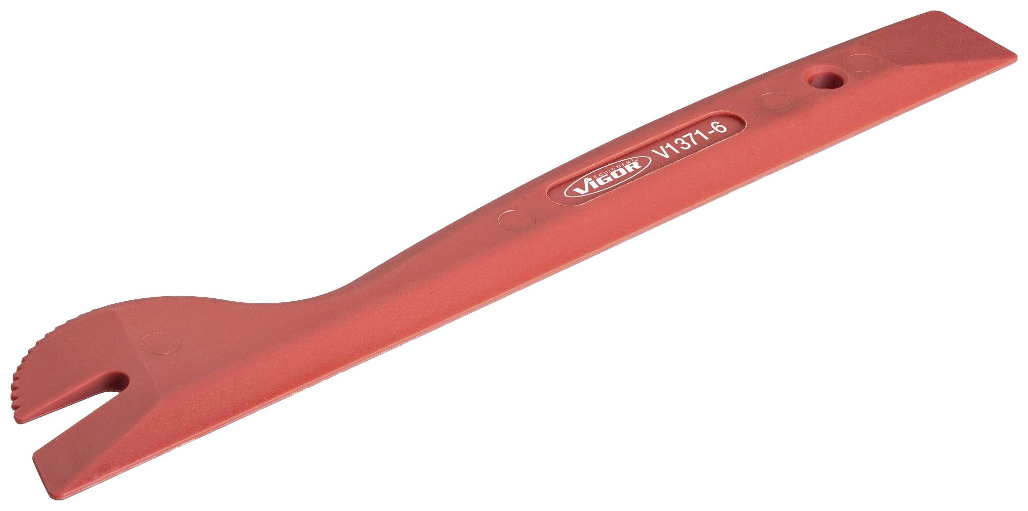 Un levier d'outil en plastique rouge avec une forme spéciale conçu pour le démontage des garnitures de véhicules.