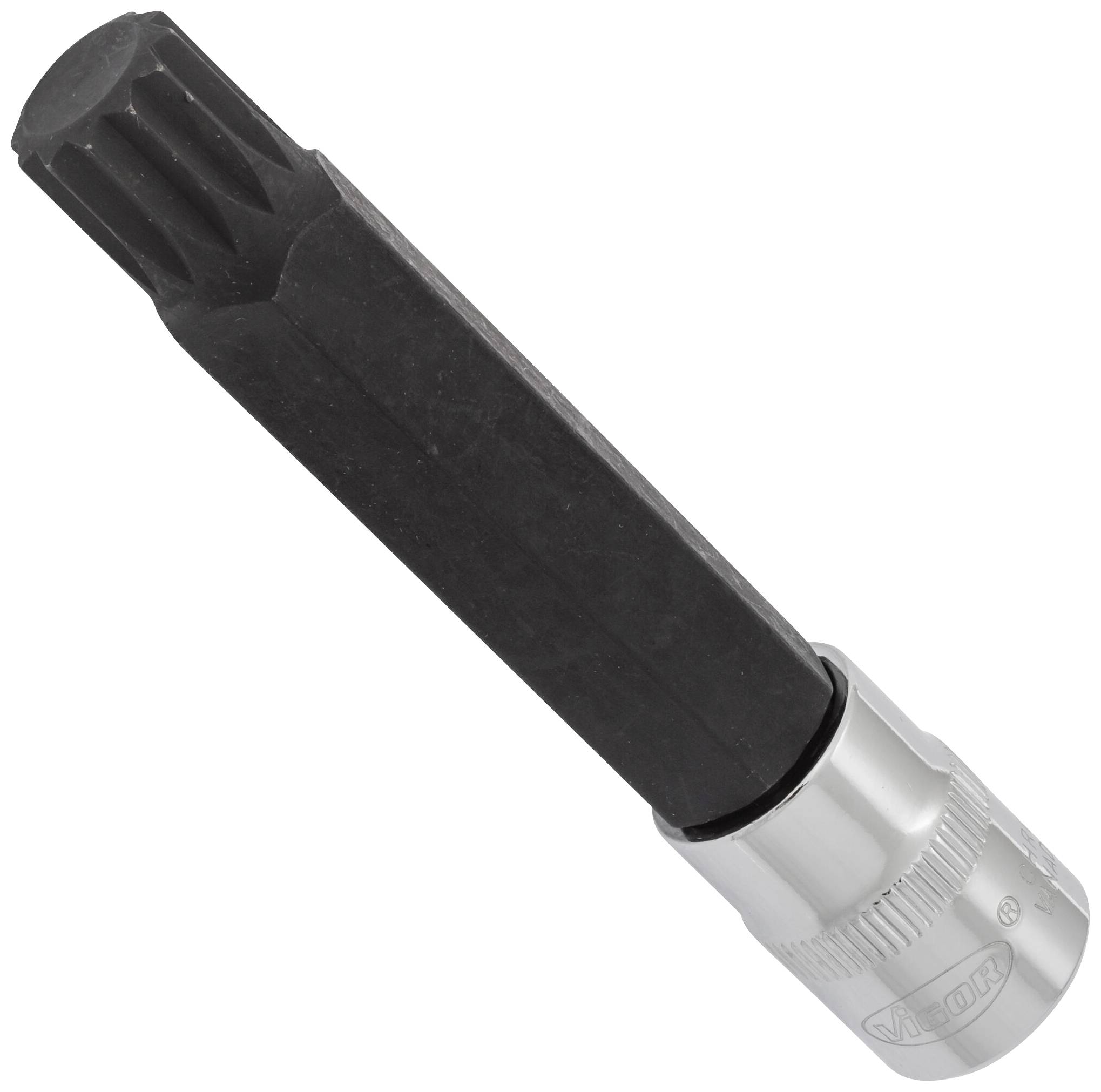 Une clé à douille en carbure de silicium à tête crantée est représentée en biais vers le bas. Idéale pour desserrer les vis grippées.