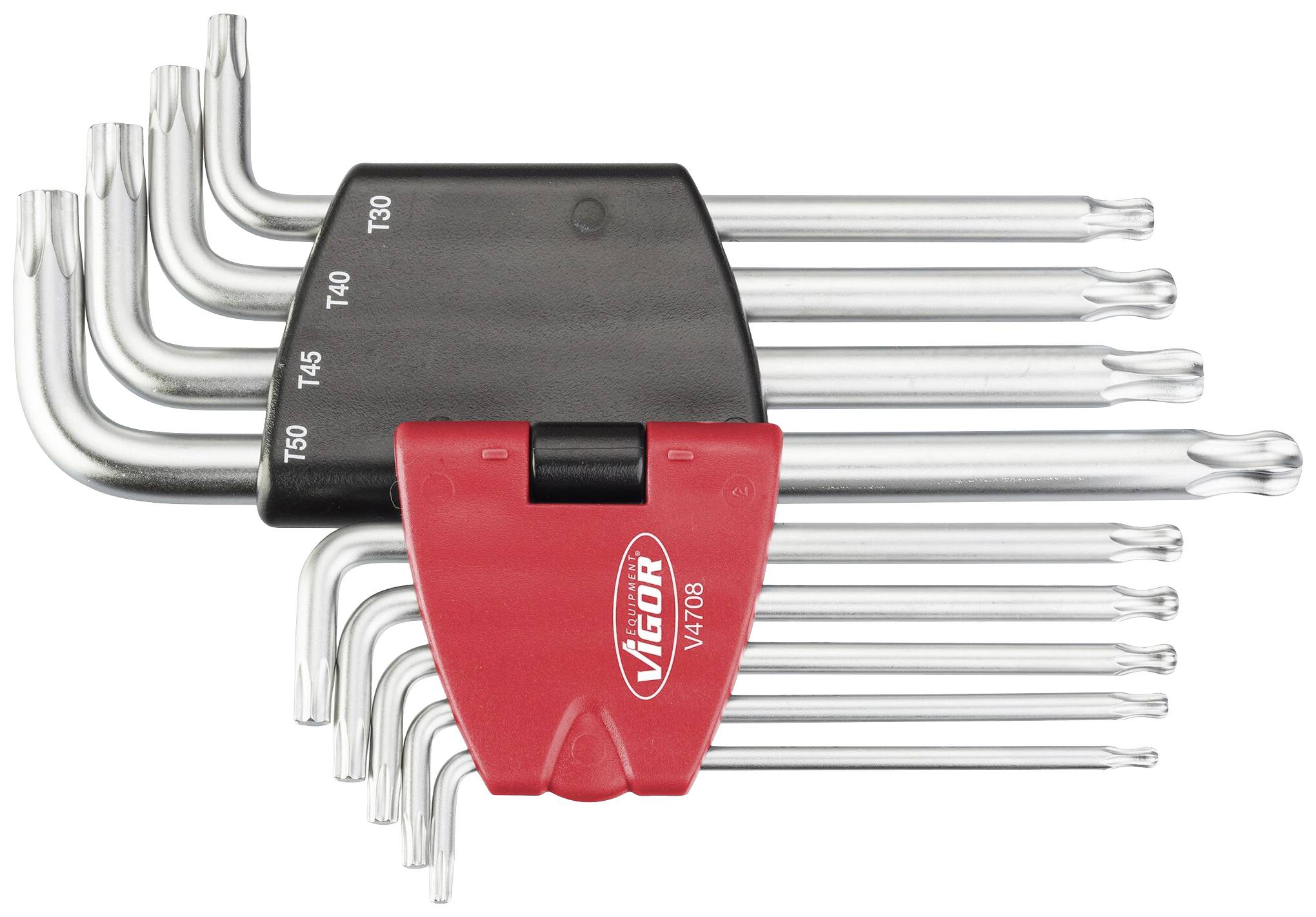 Jeu de clés Torx L en noir et rouge. Tailles T9 à T50 visibles.