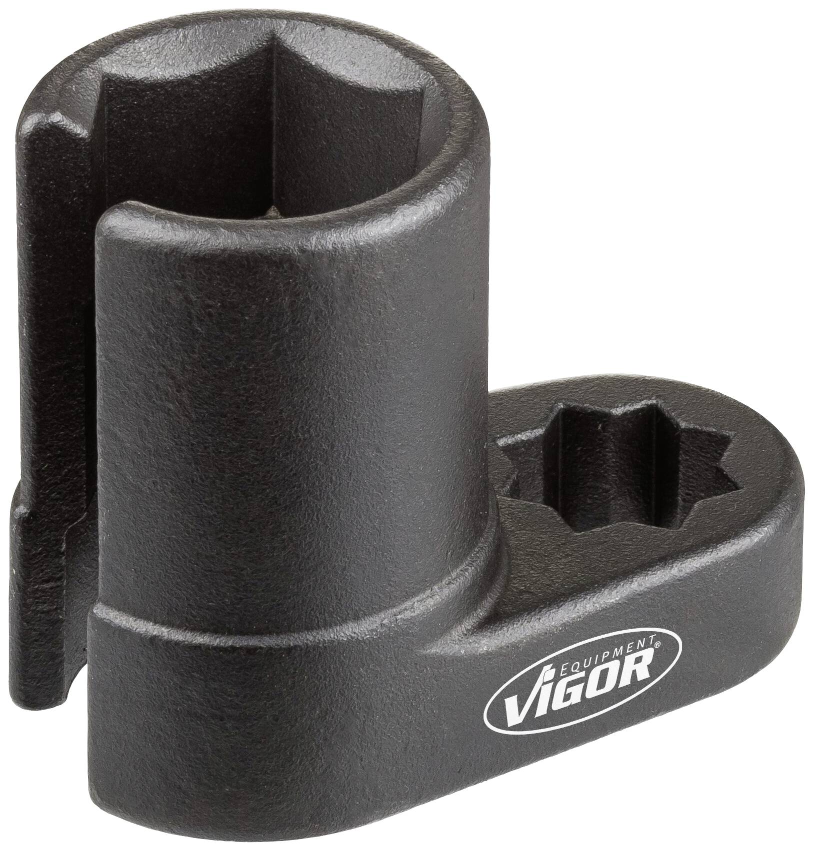 Outil d'angle noir de Vigor avec deux ouvertures hexagonales de différentes tailles.