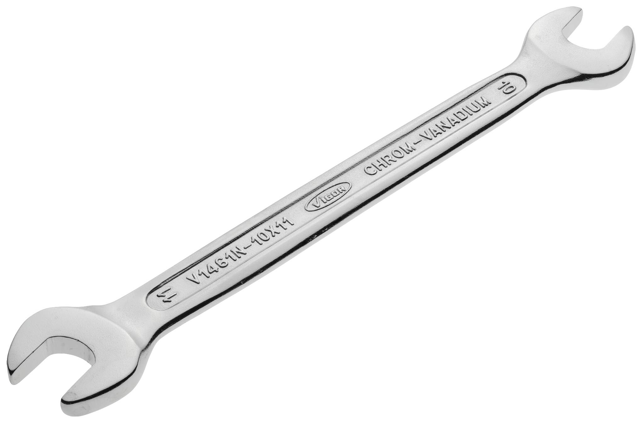 Clé à molette argentée à deux extrémités, dont une portant l'inscription 'Chrome-Vanadium'. Idéale pour les travaux mécaniques.