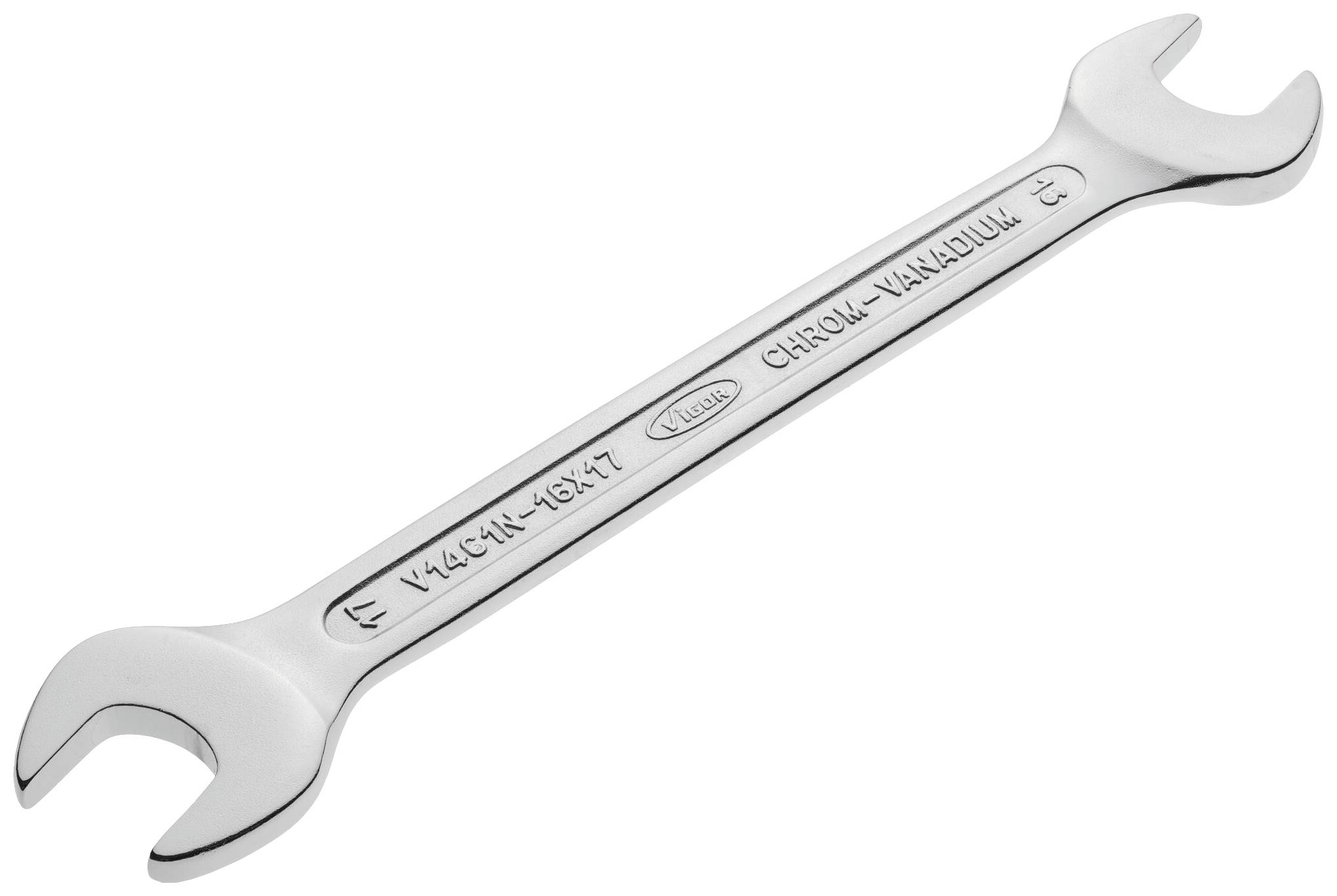 Une clé à molette en argent avec ouverture à chaque extrémité, marquée 'CHROME-VANADIUM'. Adaptée pour les écrous de 14 à 17 mm.