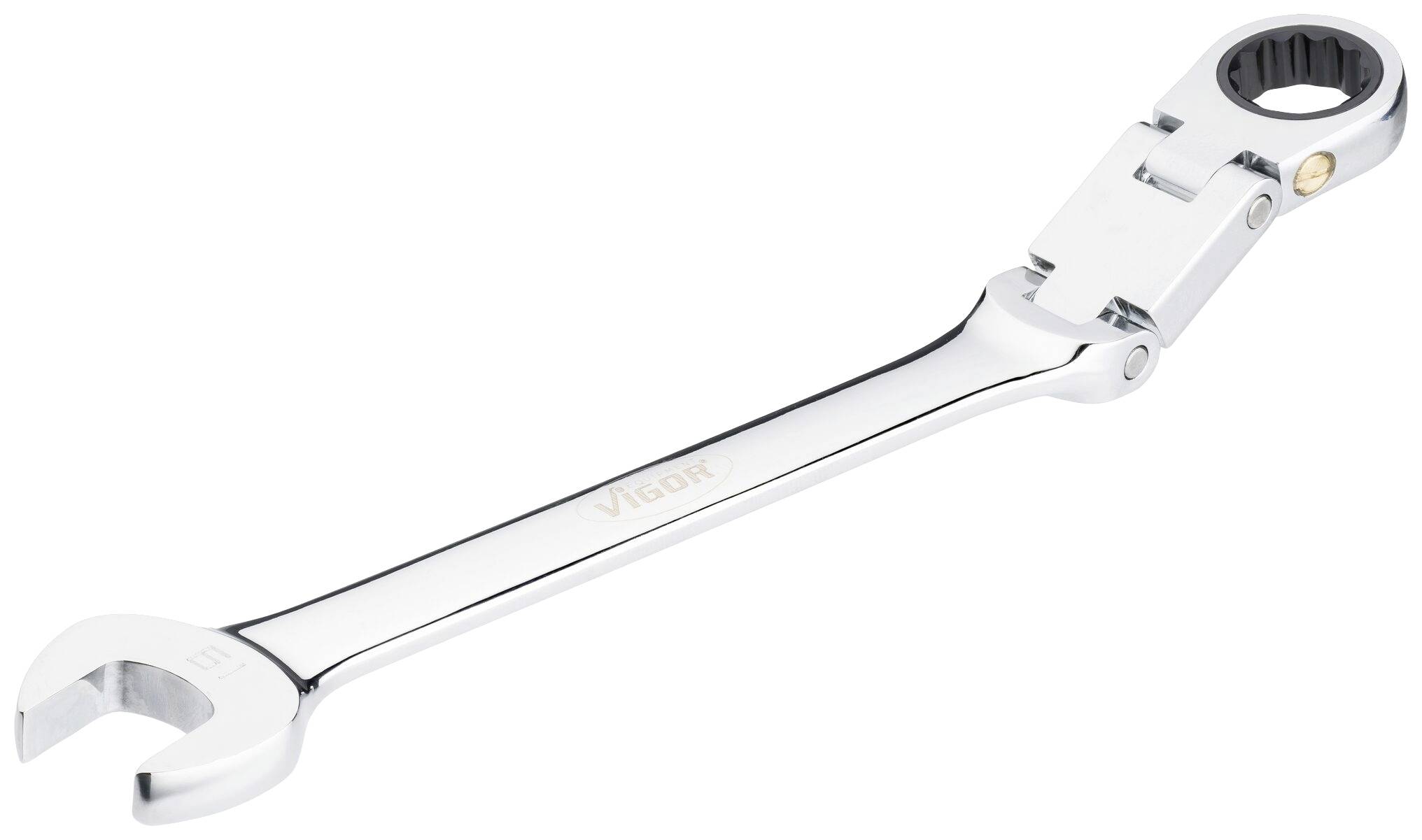 Clé à cliquet en argent avec extrémité ouverte et tête pivotante, adaptée pour visser avec précision dans des espaces restreints.