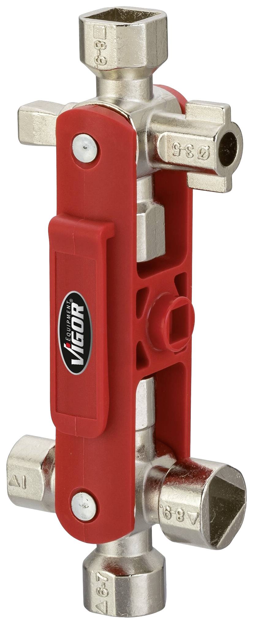 Un outil polyvalent pour tuyauterie doté de quatre douilles différentes et d'une poignée en plastique rouge, adapté aux travaux d'installation.