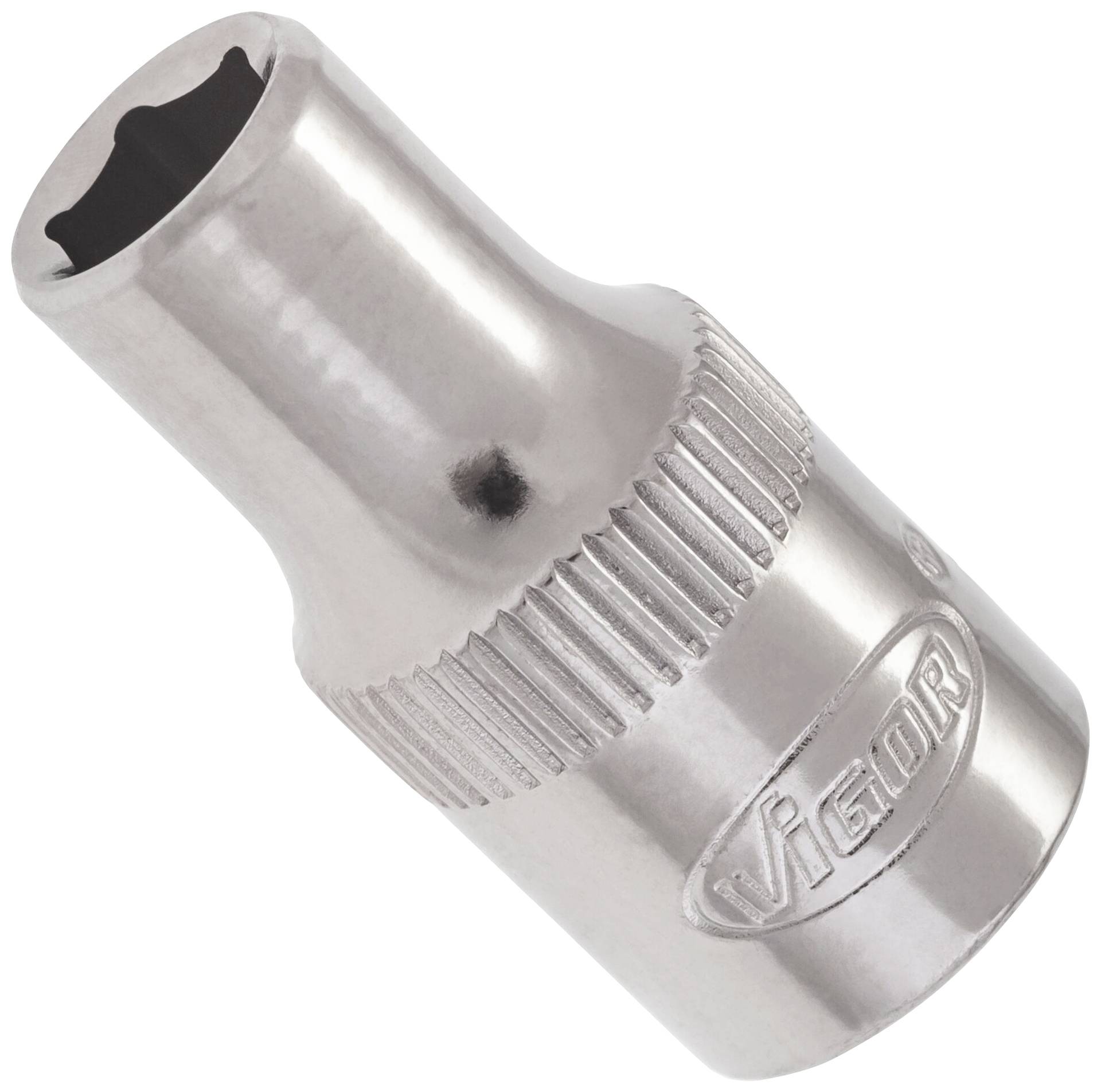Un embout de clé métallique à surface striée et logo 'Vigor' gravé, adapté pour des utilisations d'outils.
