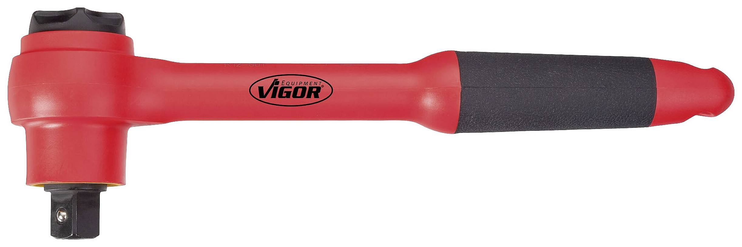 Tournevis à percussion rouge avec poignée noire, nom de marque 'Vigor' sur le manche. Outil utilisé pour desserrer les vis et les écrous.