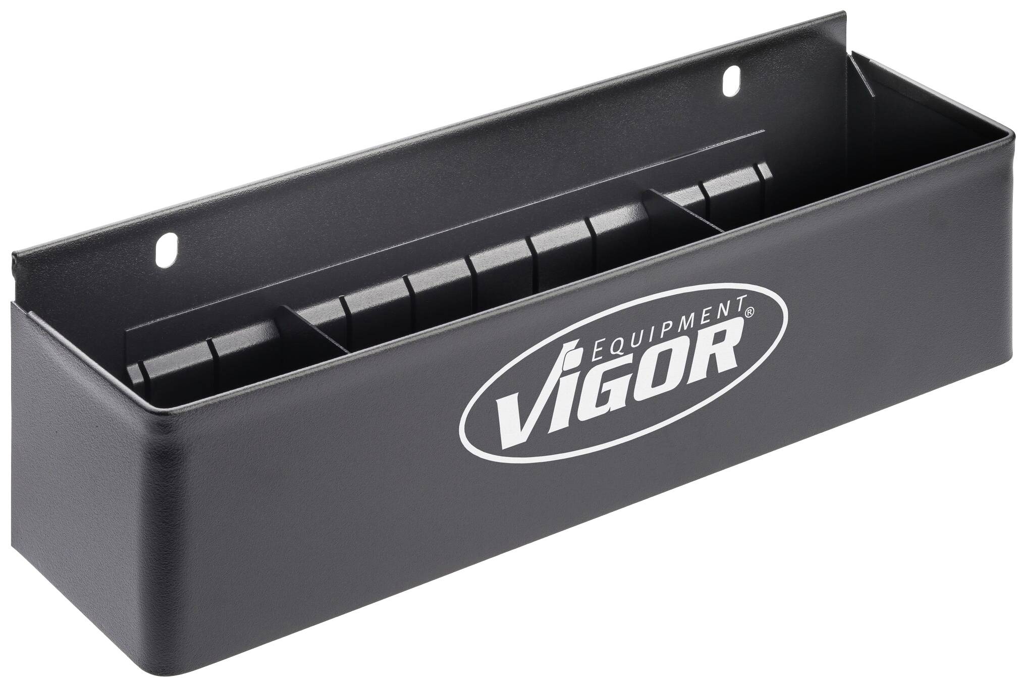 Support mural noir avec logo VIGOR et plusieurs compartiments pour le rangement des outils ou petits objets.