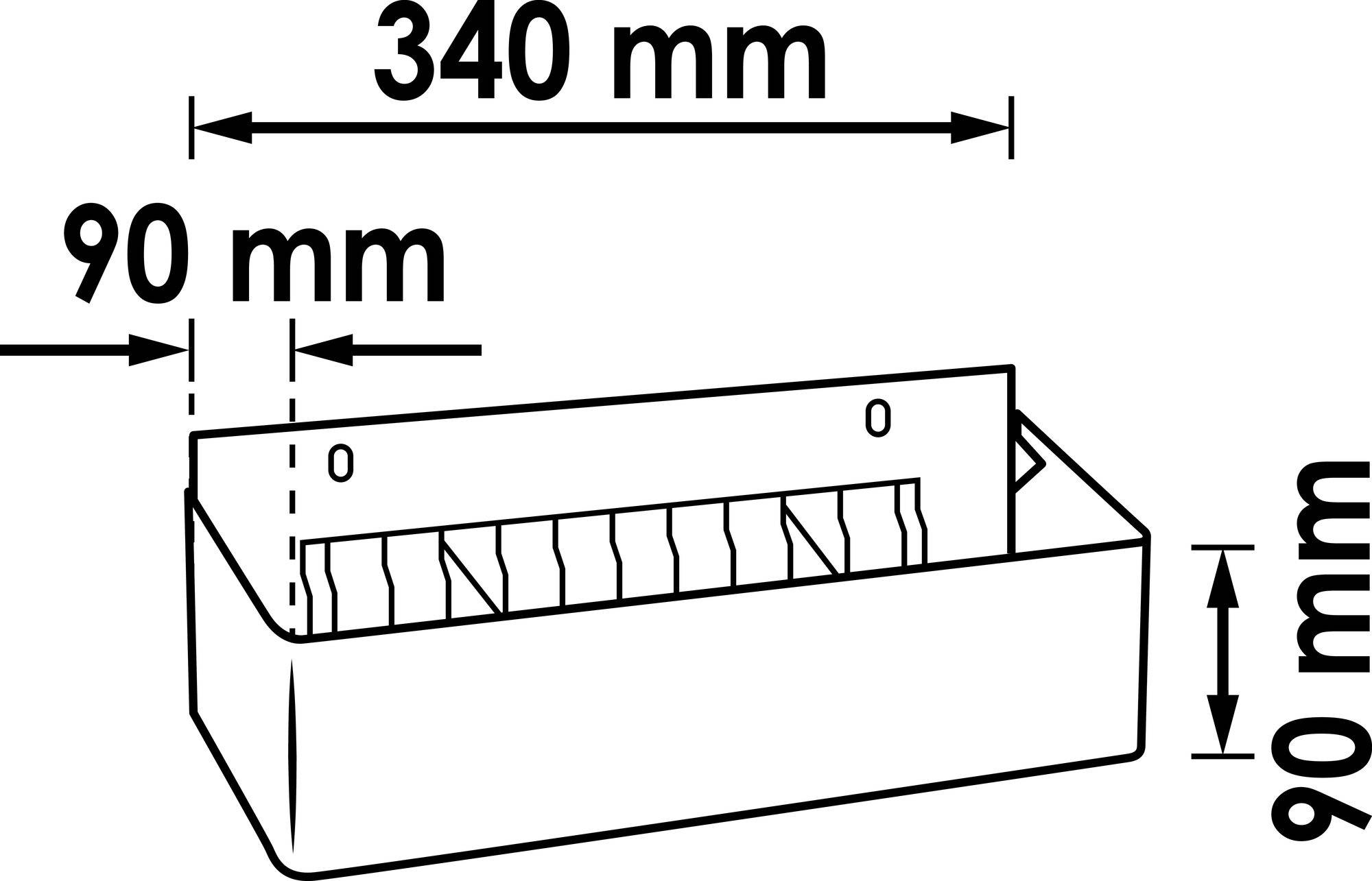 Esquisse d'un boîtier rectangulaire avec les dimensions suivantes : 340 mm de longueur, 90 mm de largeur et 90 mm de hauteur.