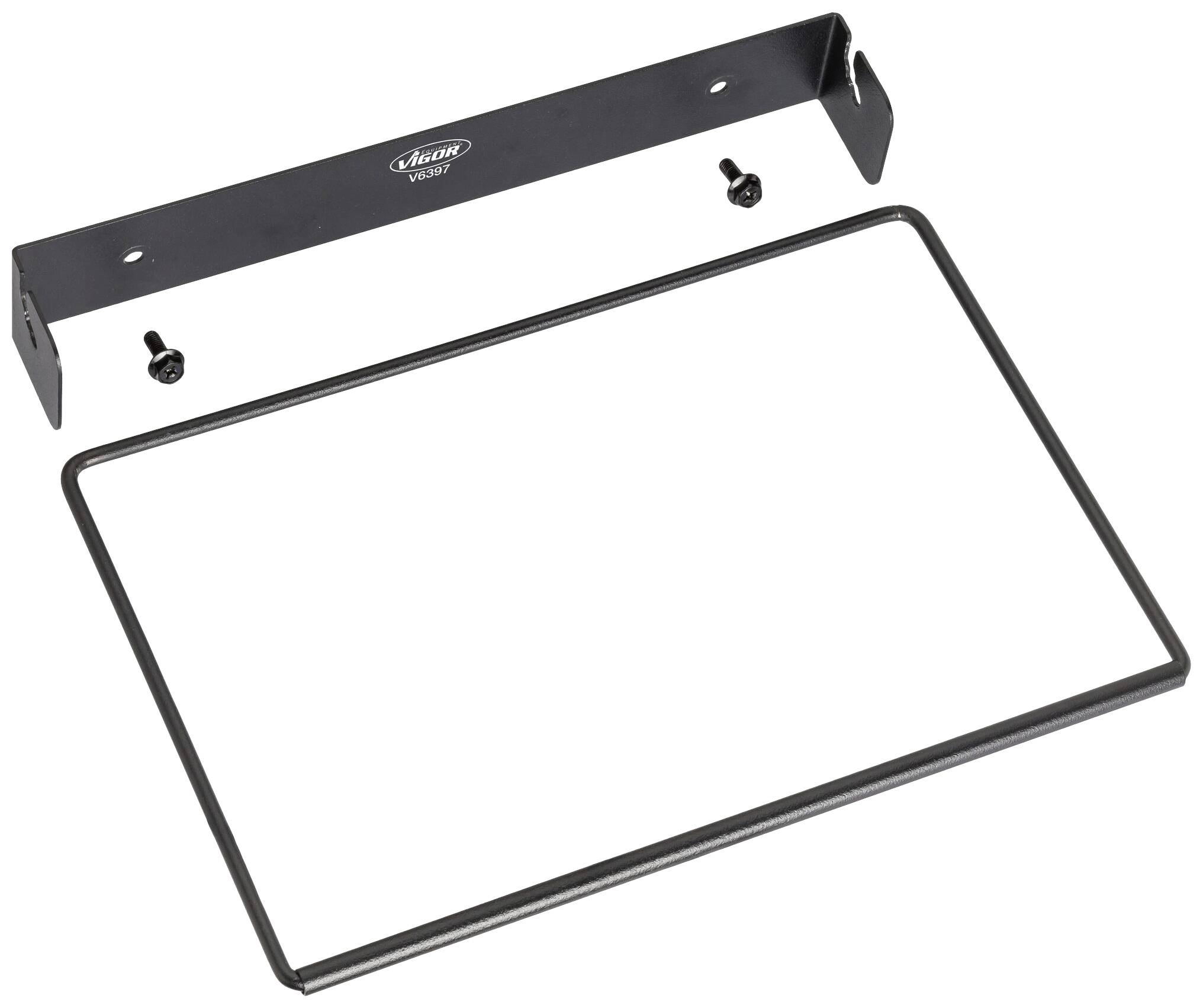 Support mural avec deux vis, couleur noire, design rectangulaire. Adapté pour la fixation d'appareils ou de panneaux.