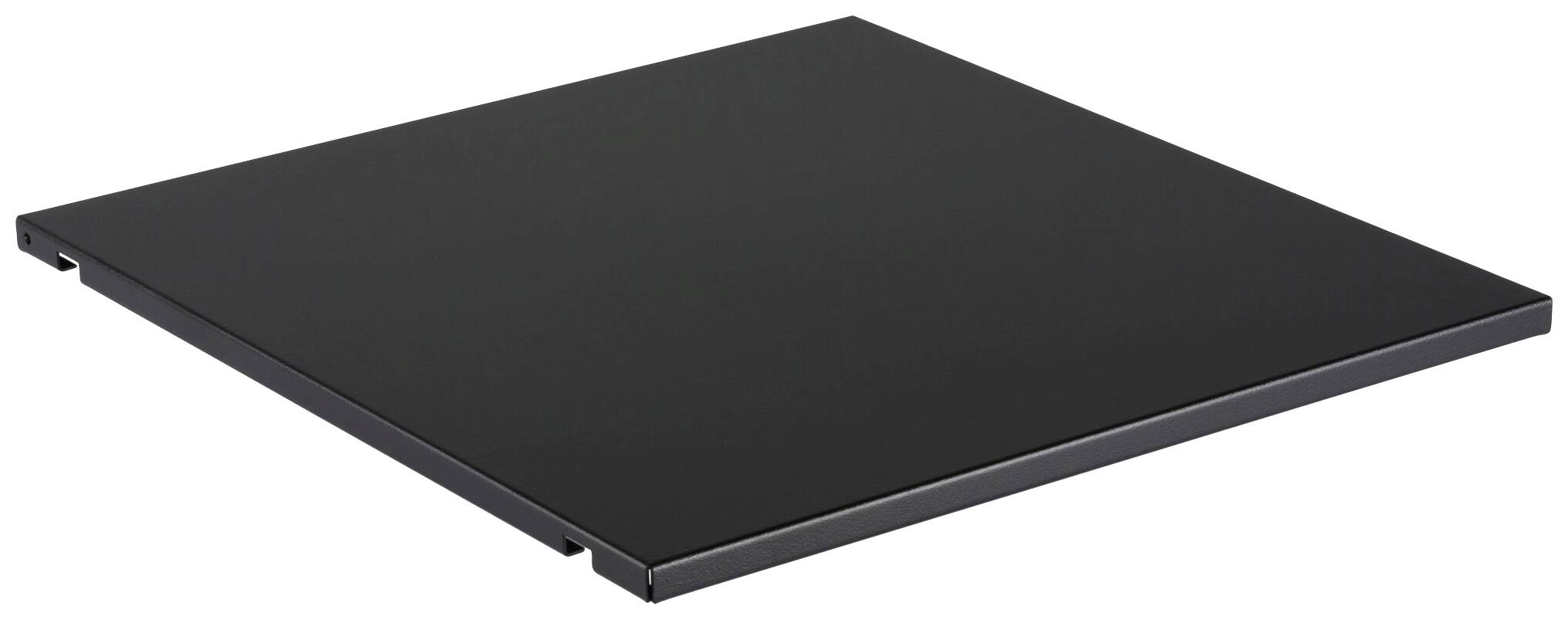Une étagère noire rectangulaire à angle plat sur un fond blanc. L'étagère paraît robuste et sobre.