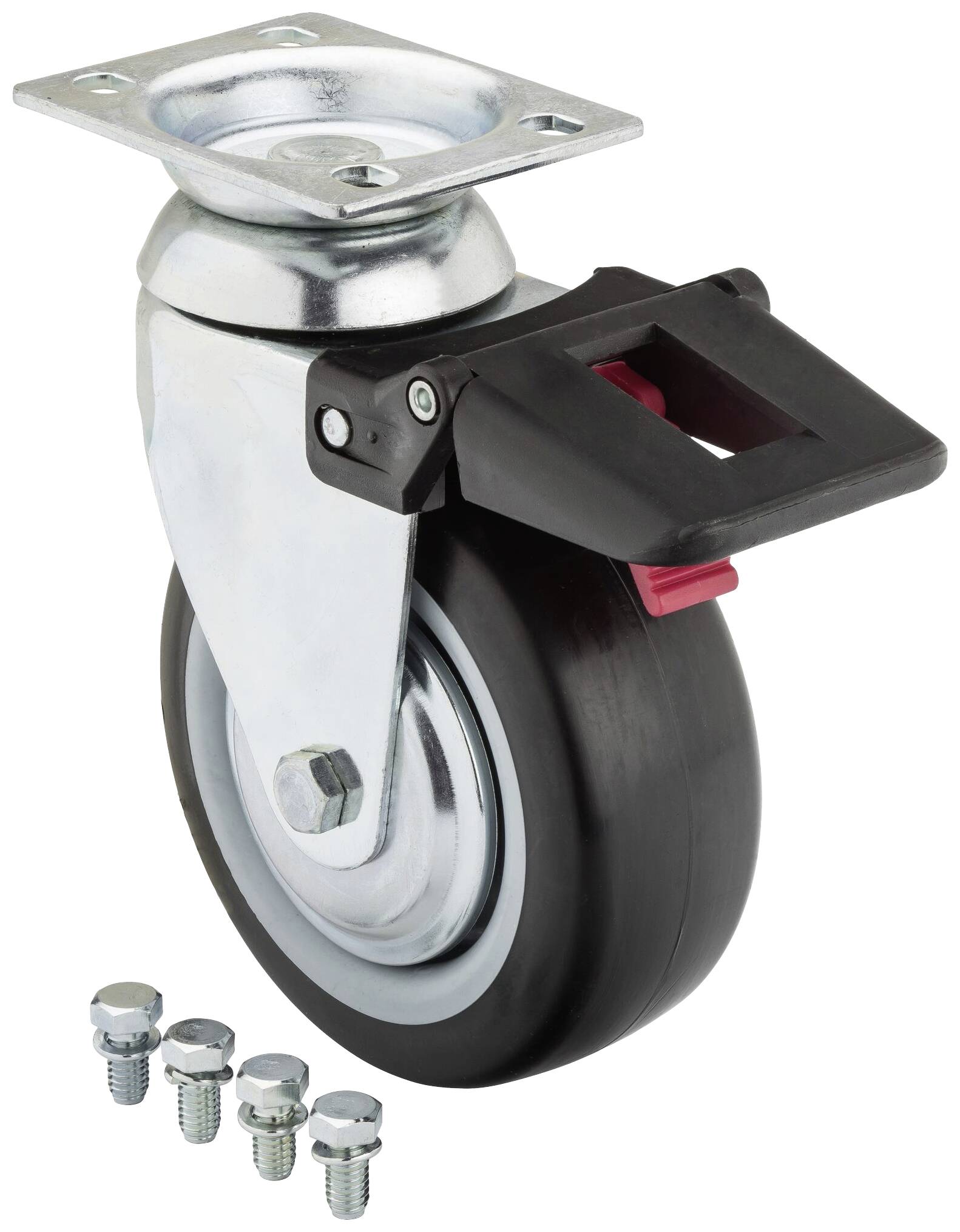 Une roulette de transport directionnelle avec boîtier métallique et roue noire. Comprend trois vis de fixation.