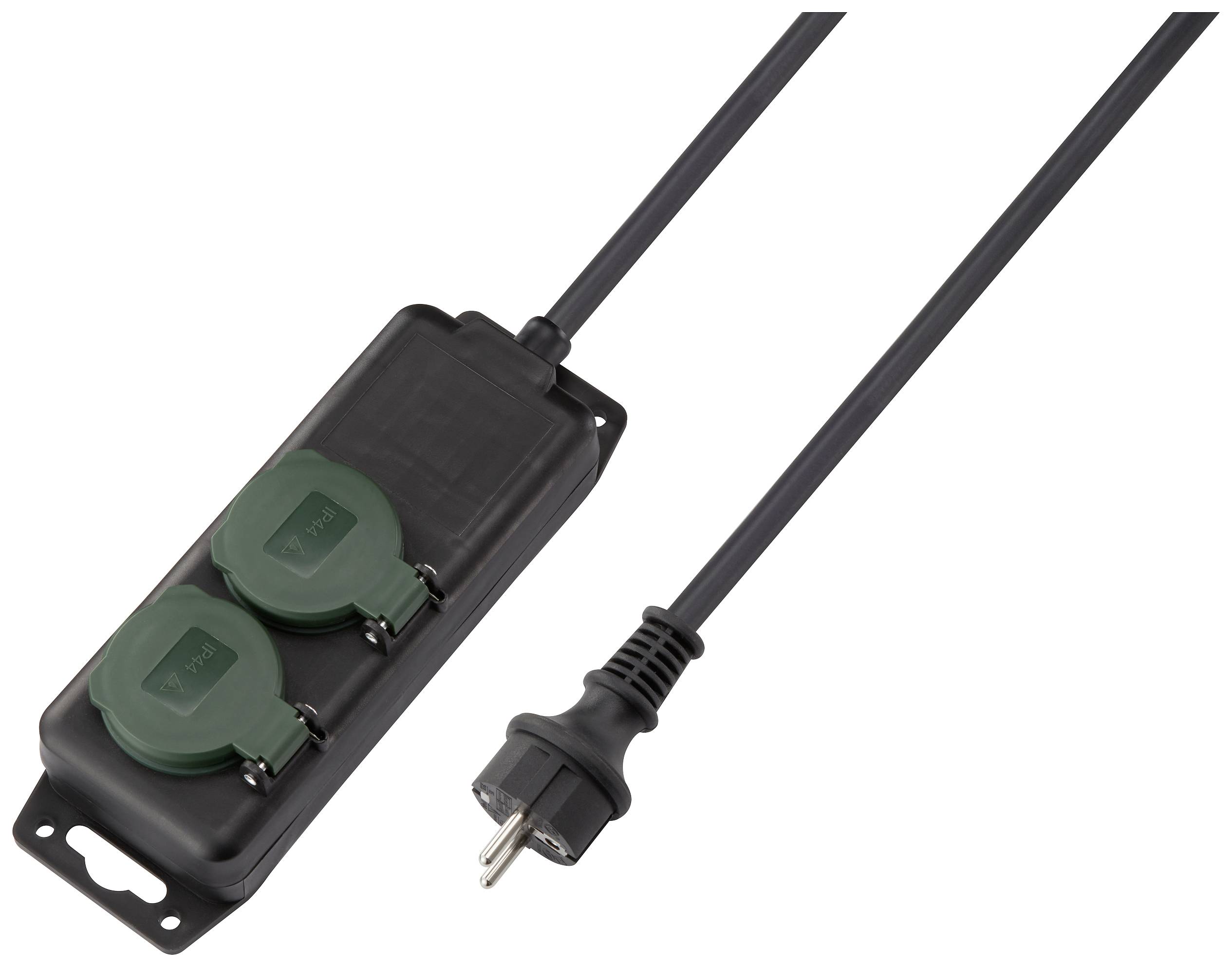 Multiprise double avec capots de protection et un câble noir, adaptée à une utilisation extérieure.