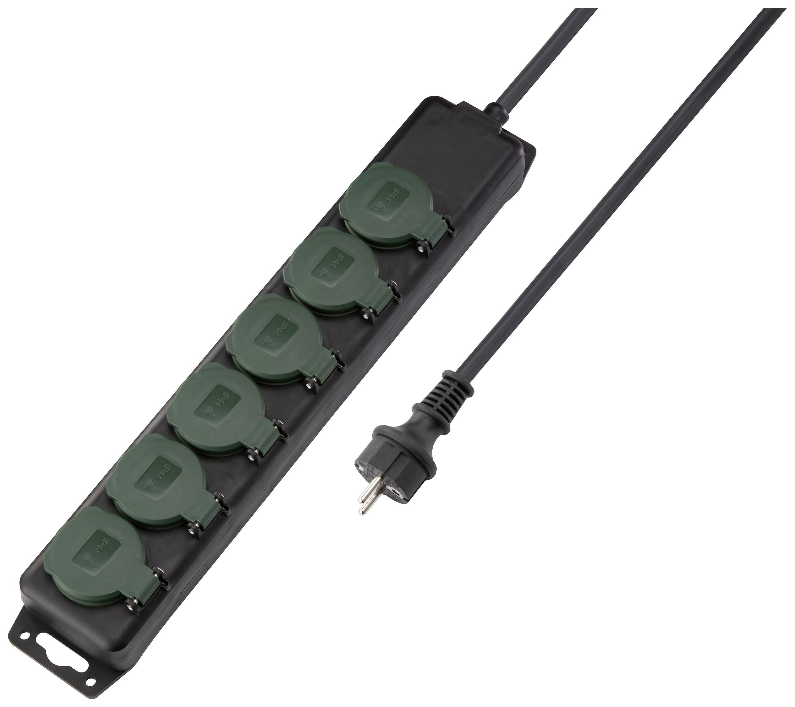 Bloc multiprises noir avec six cache-protection verts fermés et un câble d'alimentation avec fiche. Idéal pour plusieurs branchements.