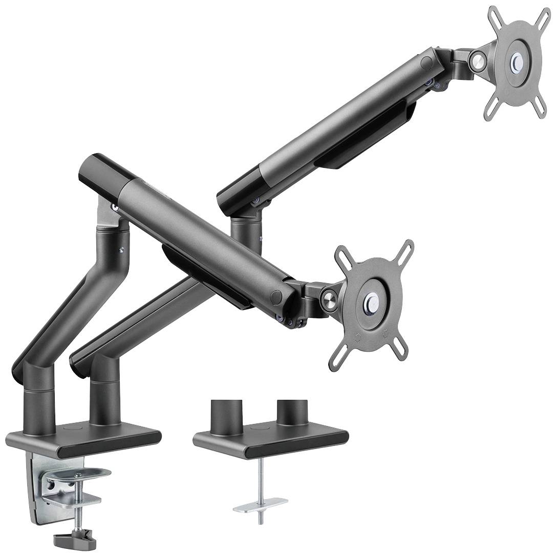 Support de moniteur à deux bras avec fixation par pince, adapté pour un montage sur bureau.