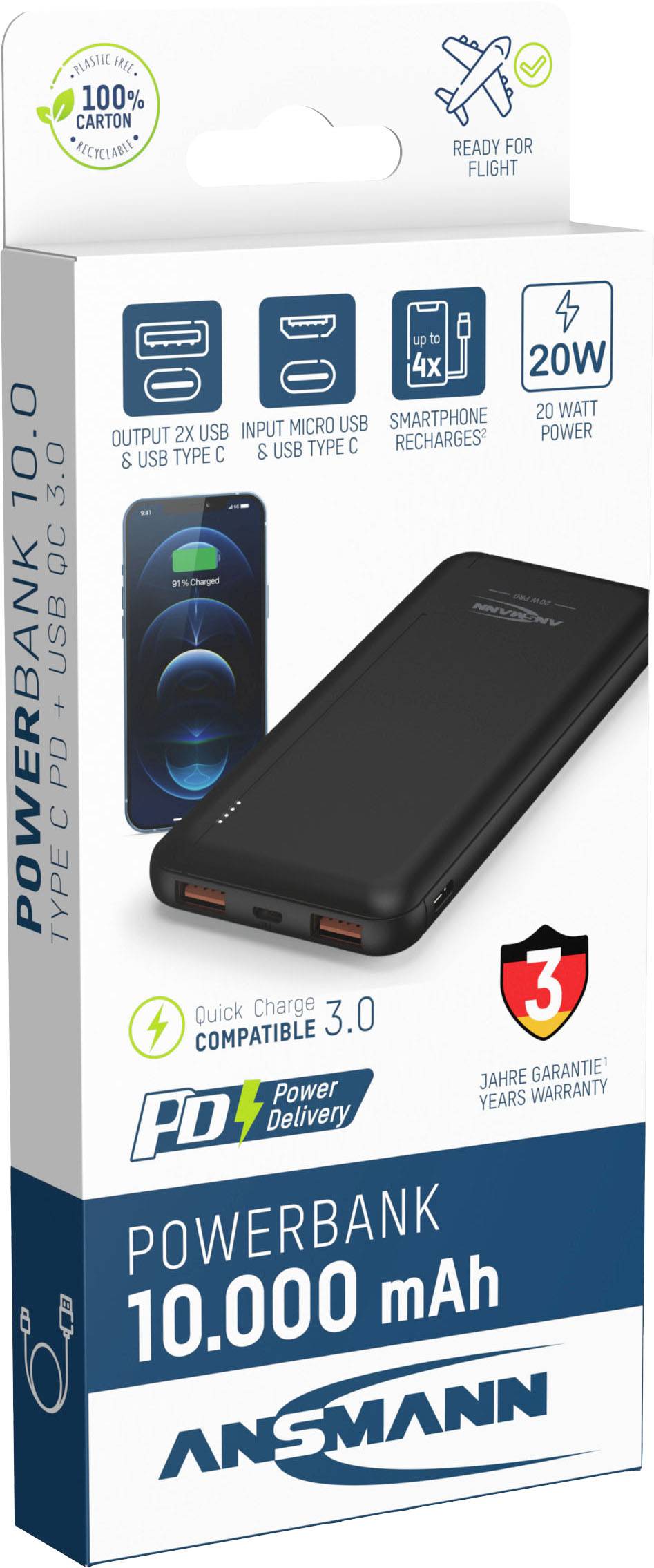 Ansmann PB320PD Powerbank (batterie supplémentaire) 10000 mAh Power Delivery Li-Ion USB-A, USB-C® noir