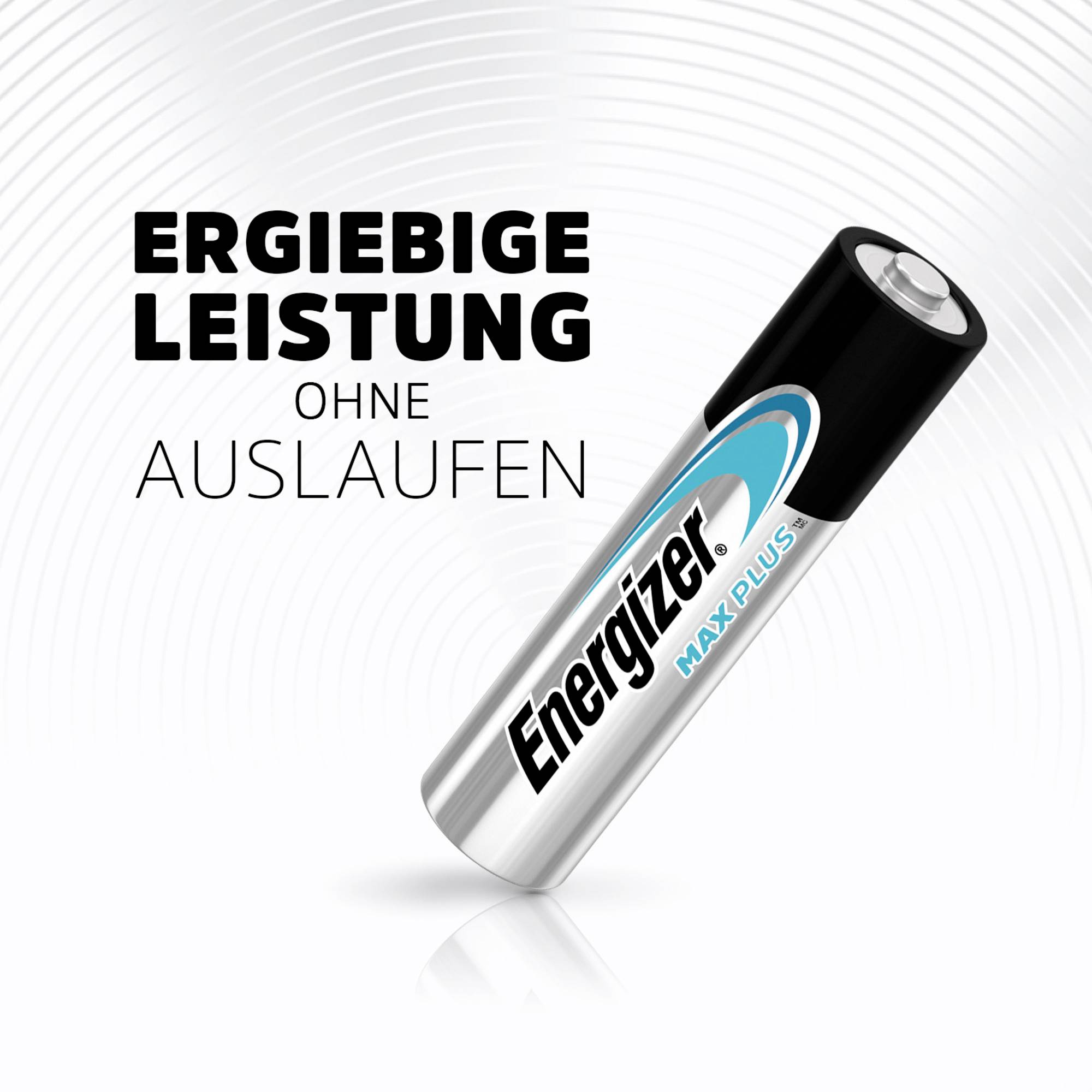 Pile avec l'inscription « Energizer Max Plus », mise en valeur par le slogan « Performance durable sans fuite ».