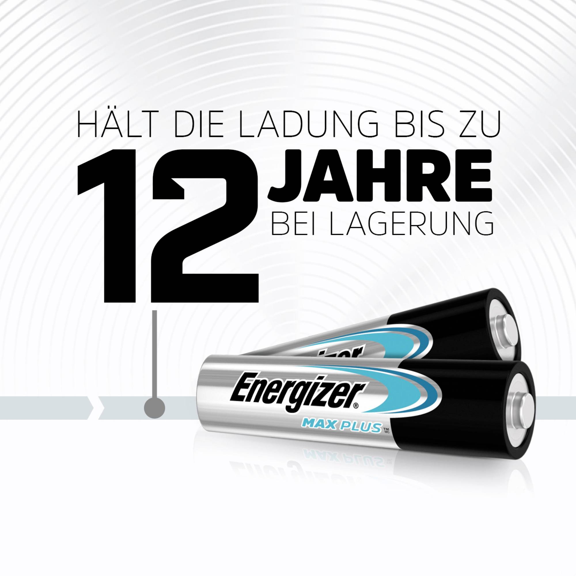 Deux piles Energizer Max Plus ; Texte : 'Conserve sa charge jusqu'à 12 ans en stockage'.