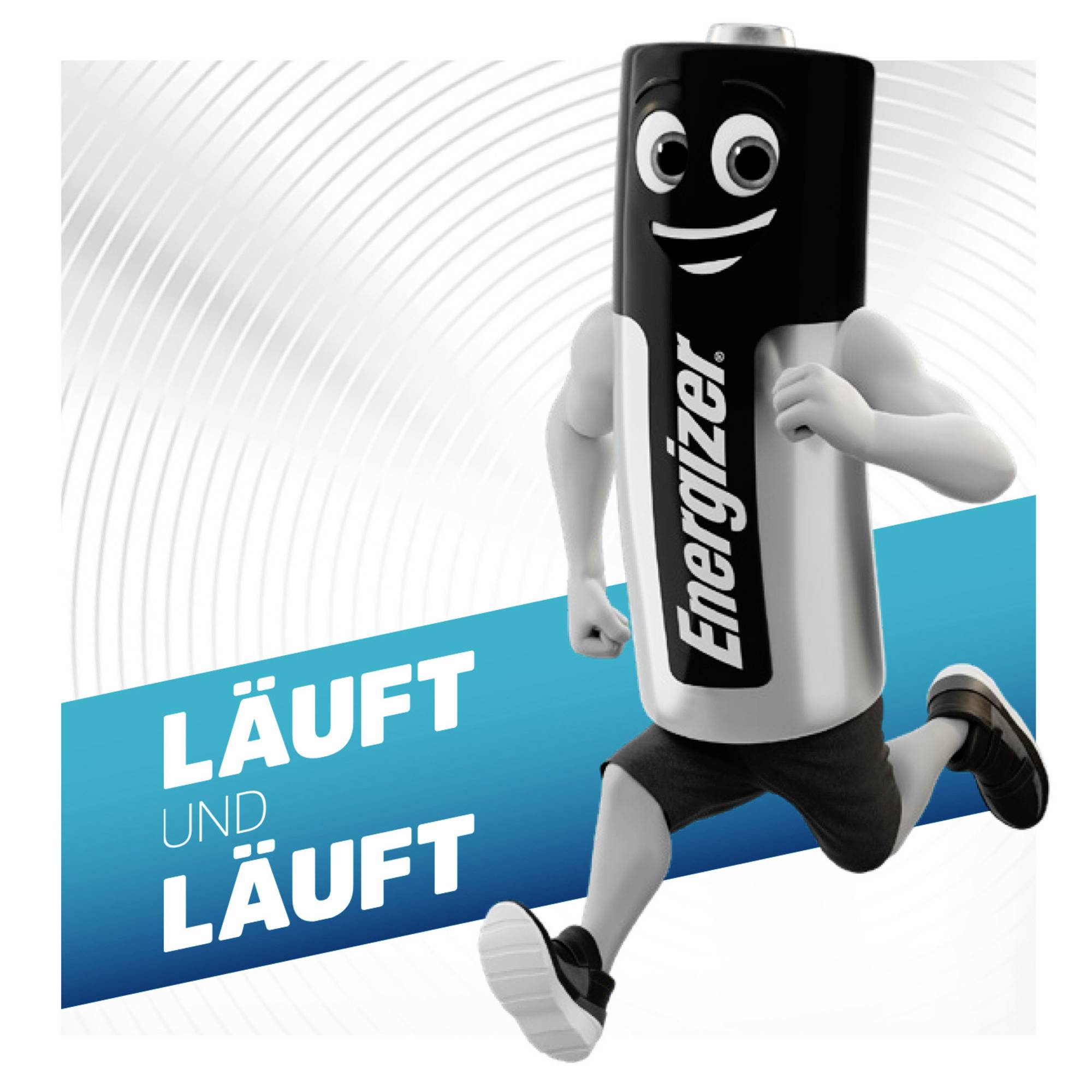 Pile Energizer en cours de marche avec un visage, portant l'inscription 'Energizer'. Texte 'Ça continue et continue' à côté. Représentation énergique.