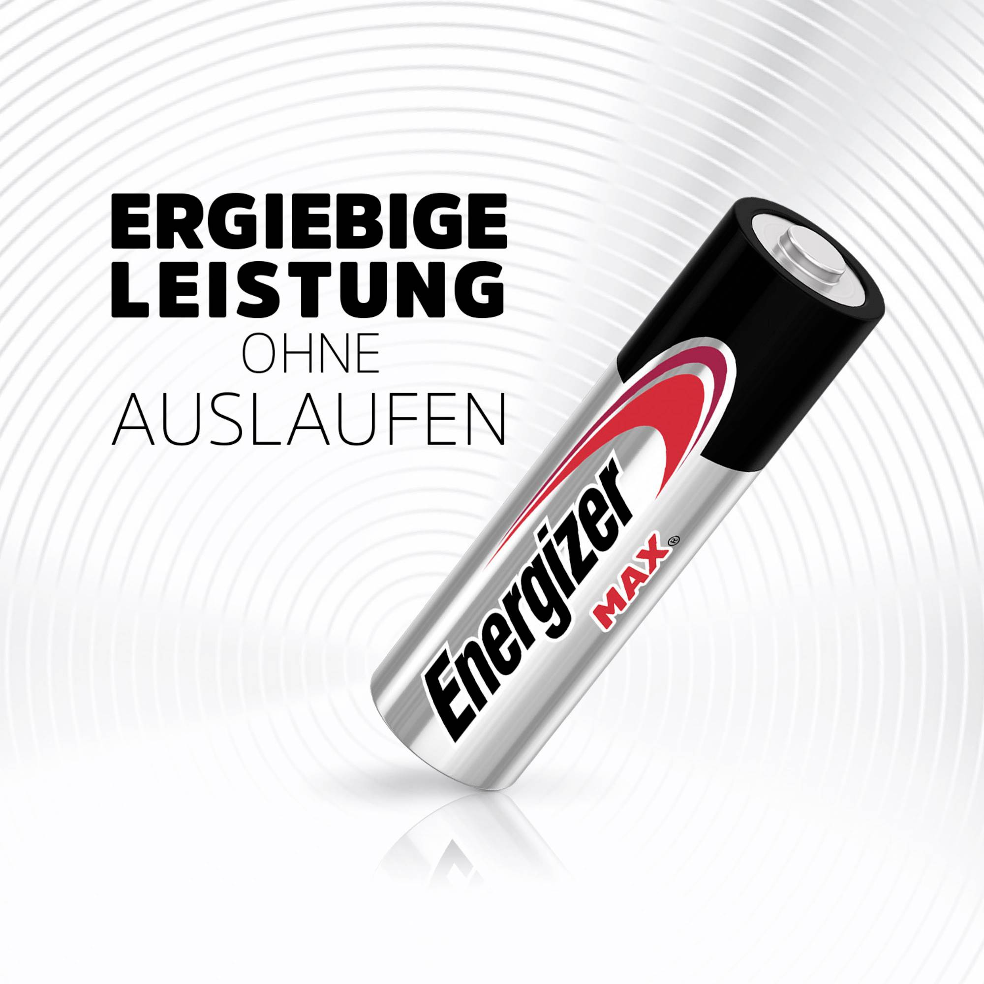 Une pile Energizer avec le slogan « Performance durable sans coulure » sur un fond blanc avec des cercles gris.