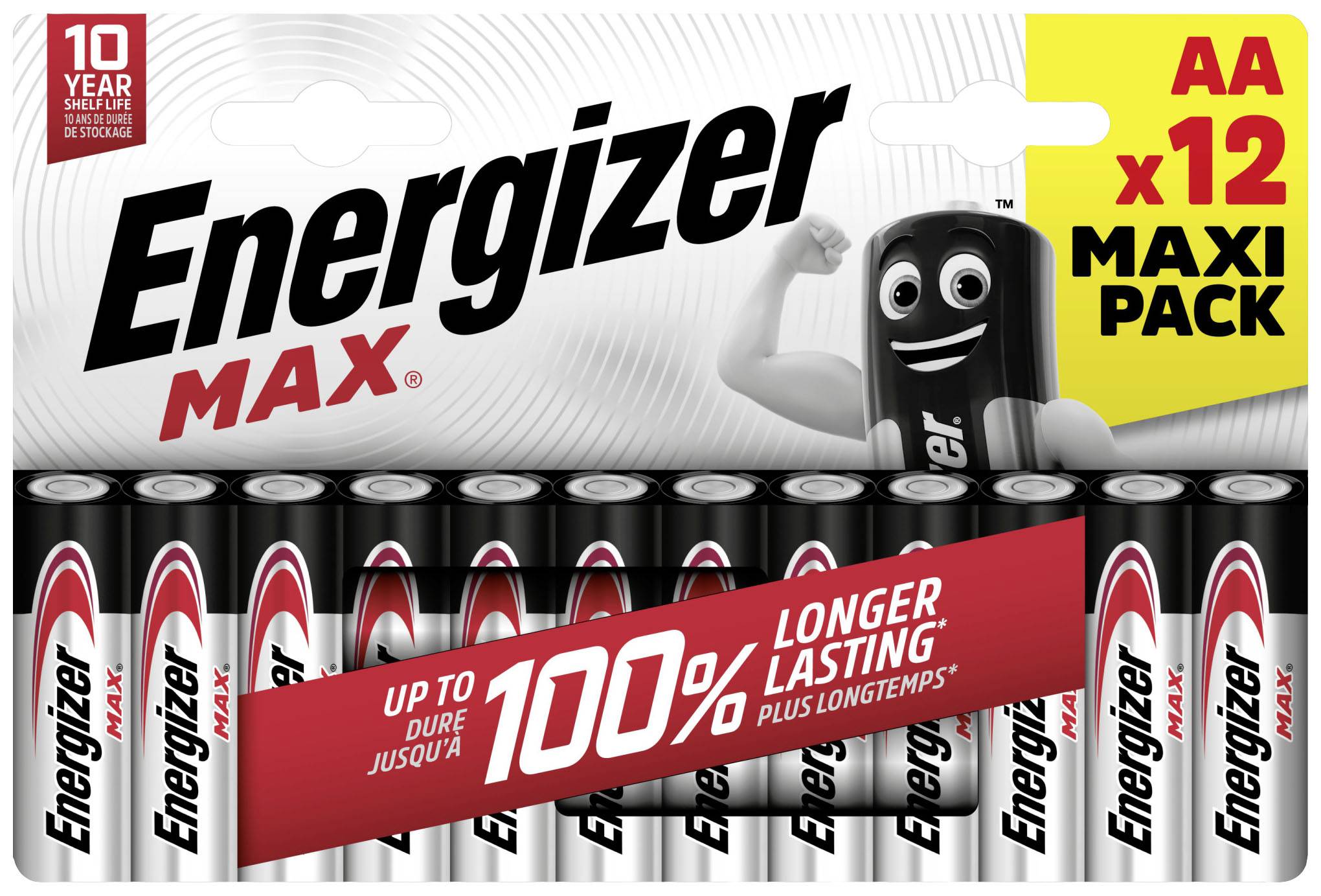Douze piles AA Energizer Max dans un paquet. L'emballage met en avant '100% plus longue durée' et '10 ans de conservation'.