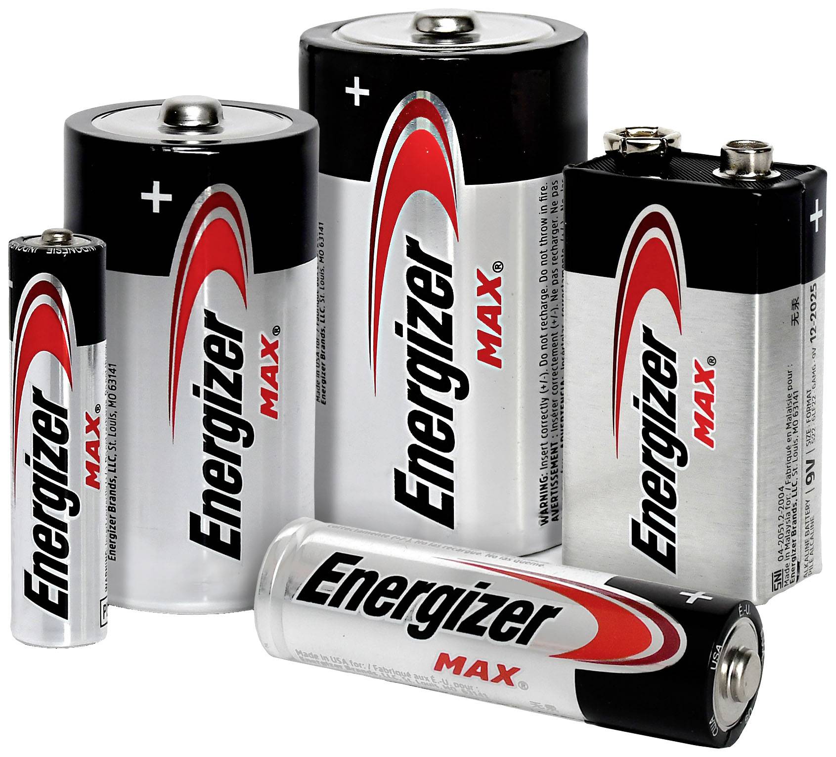 Différents types de piles Energizer, chacune marquée avec les pôles positif et négatif, incluant les formats AA, C, D et 9V.