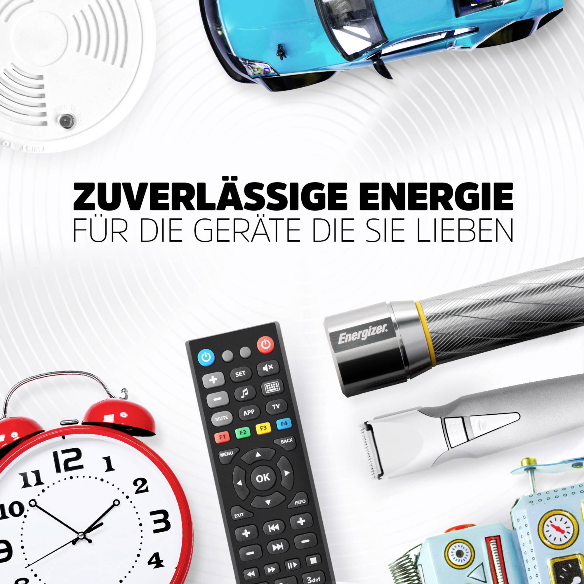 Une collection d'appareils et de batteries, comprenant un réveil, une télécommande, un rasoir et quelques détecteurs de fumée. Texte : 'Énergie fiable pour les appareils que vous aimez'.