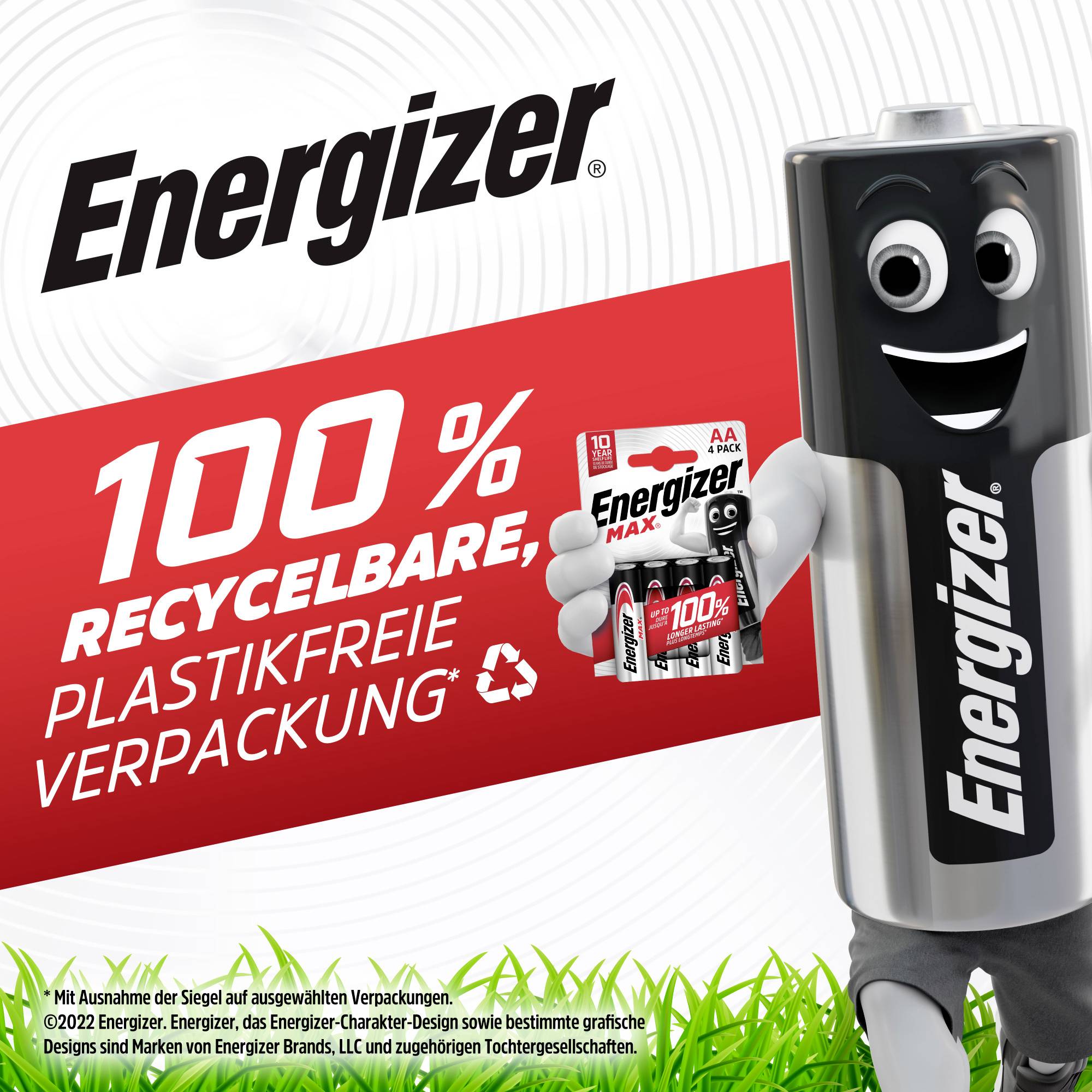Pile Energizer avec sa mascotte souriante tenant un paquet de piles. Texte : 'Emballage 100% recyclable sans plastique'.