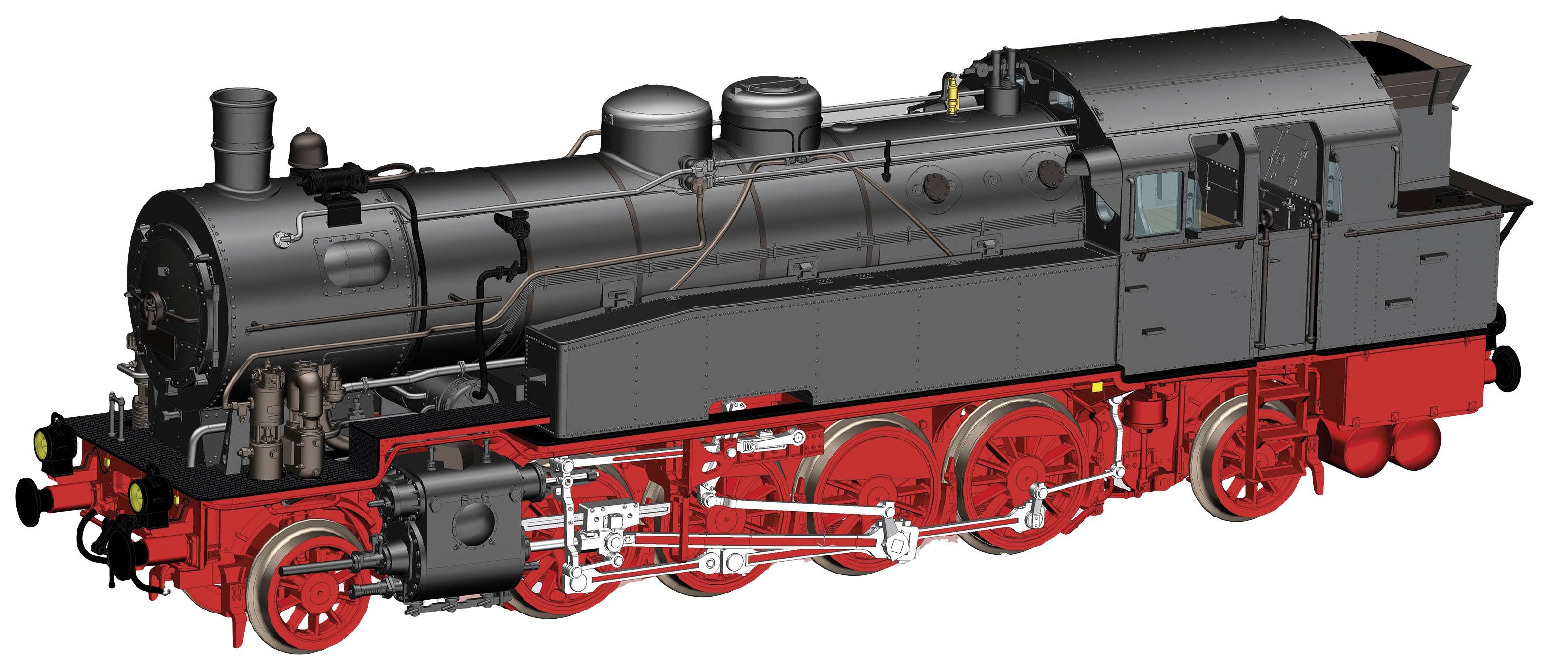 Un modèle détaillé d'une locomotive à vapeur noire avec des roues et une chaudière rouges, vue de côté.