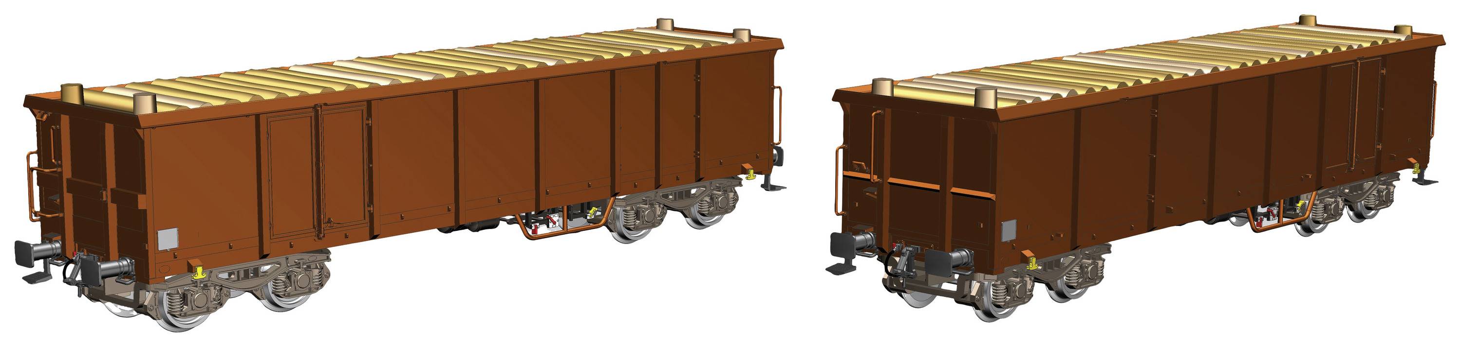 Deux wagons de marchandises bruns, représentés de côté et légèrement inclinés, avec un toit ouvert et une vue détaillée du châssis.
