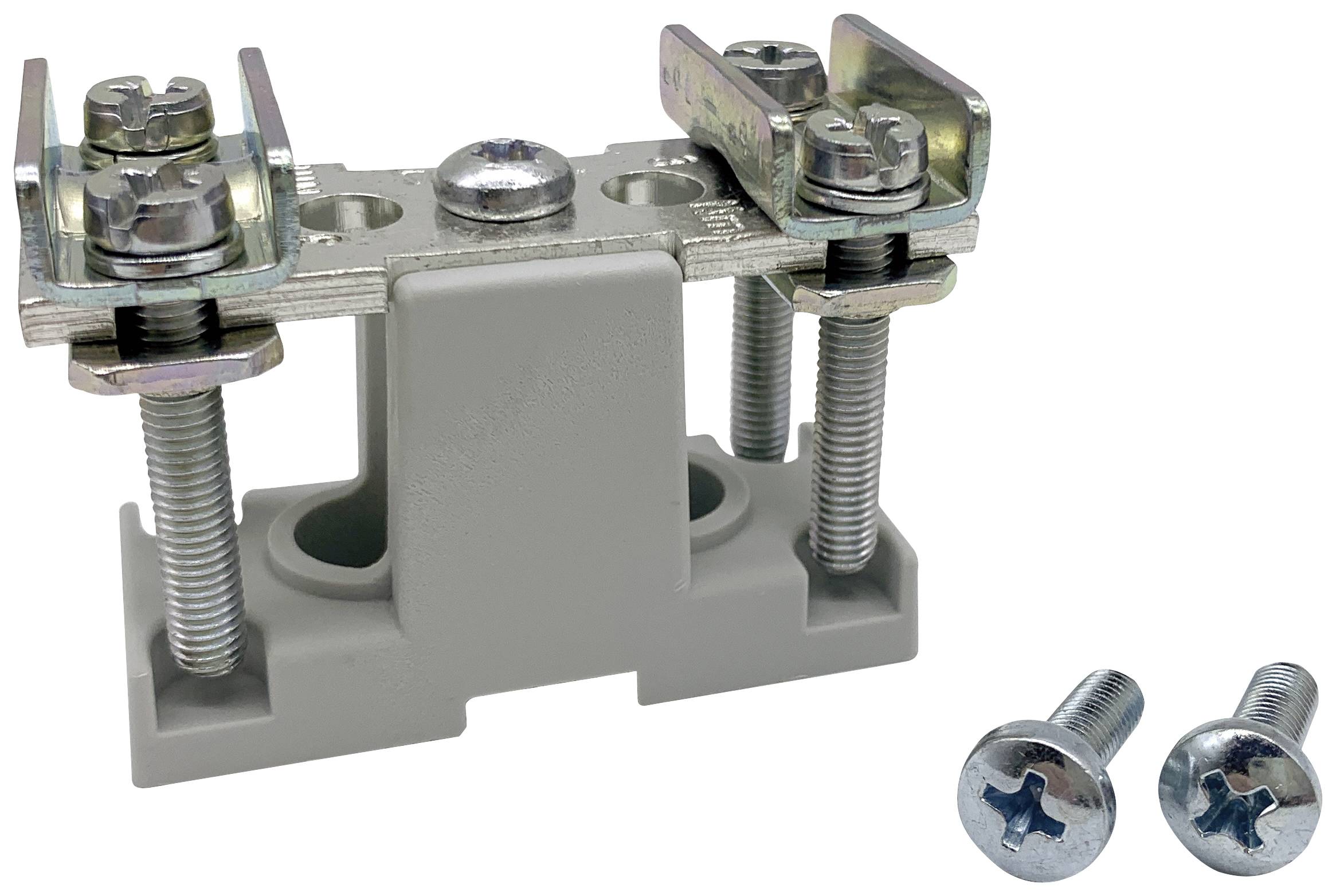 Support de borne métallique fixé avec deux vis sur un socle gris. Deux vis supplémentaires sont posées à côté.