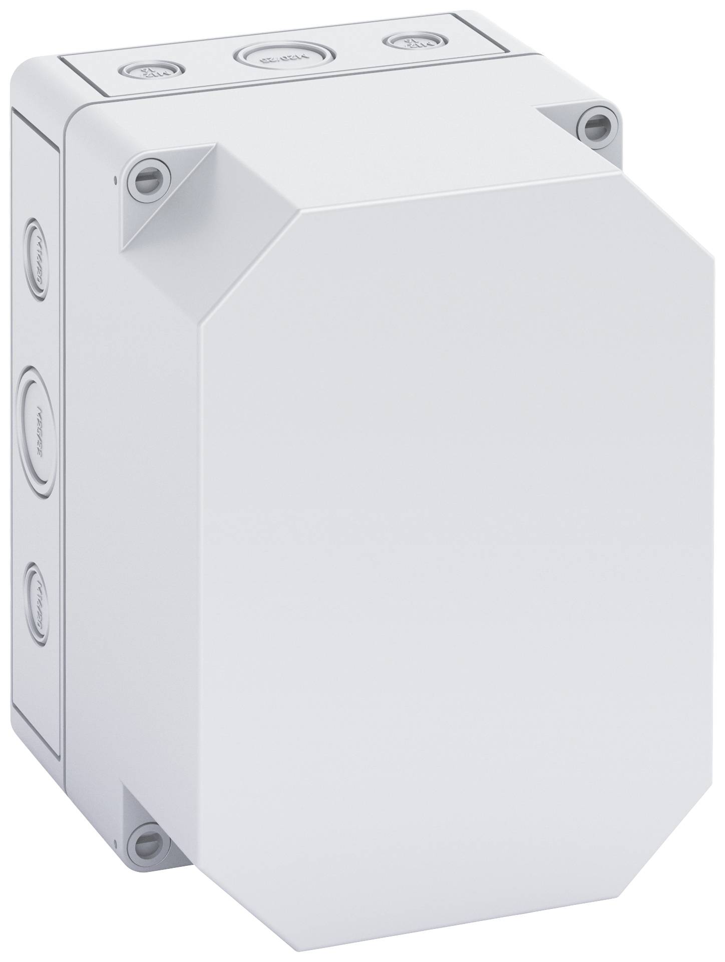 Une prise électrique blanche carrée aux angles arrondis, avec des couvercles à vis sur les côtés.
