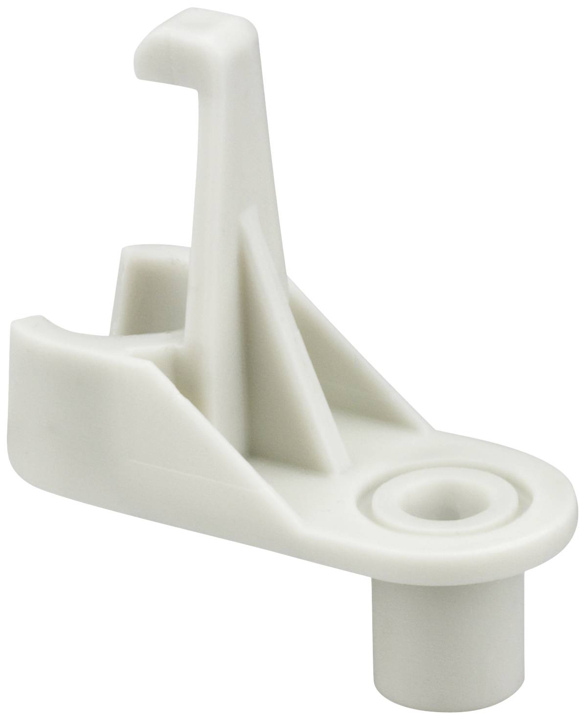 Un élément en plastique blanc, probablement un support ou un élément de fixation, équipé d'un crochet et d'une base circulaire.