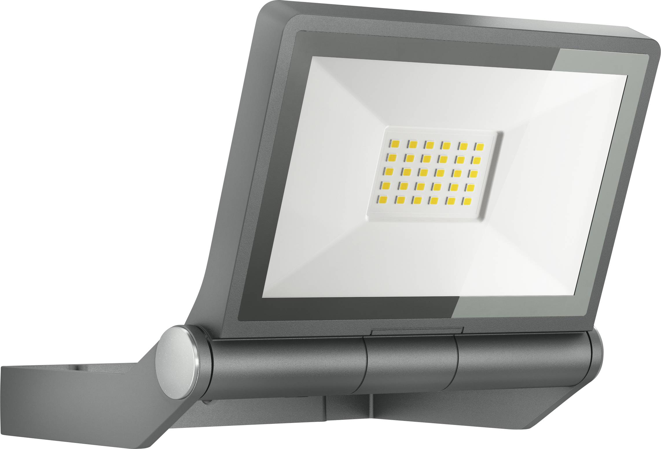 Grauer LED-Flutlichtstrahler mit verstellbarer Gelenkhalterung und quadratischem Leuchtpanel auf weißem Hintergrund