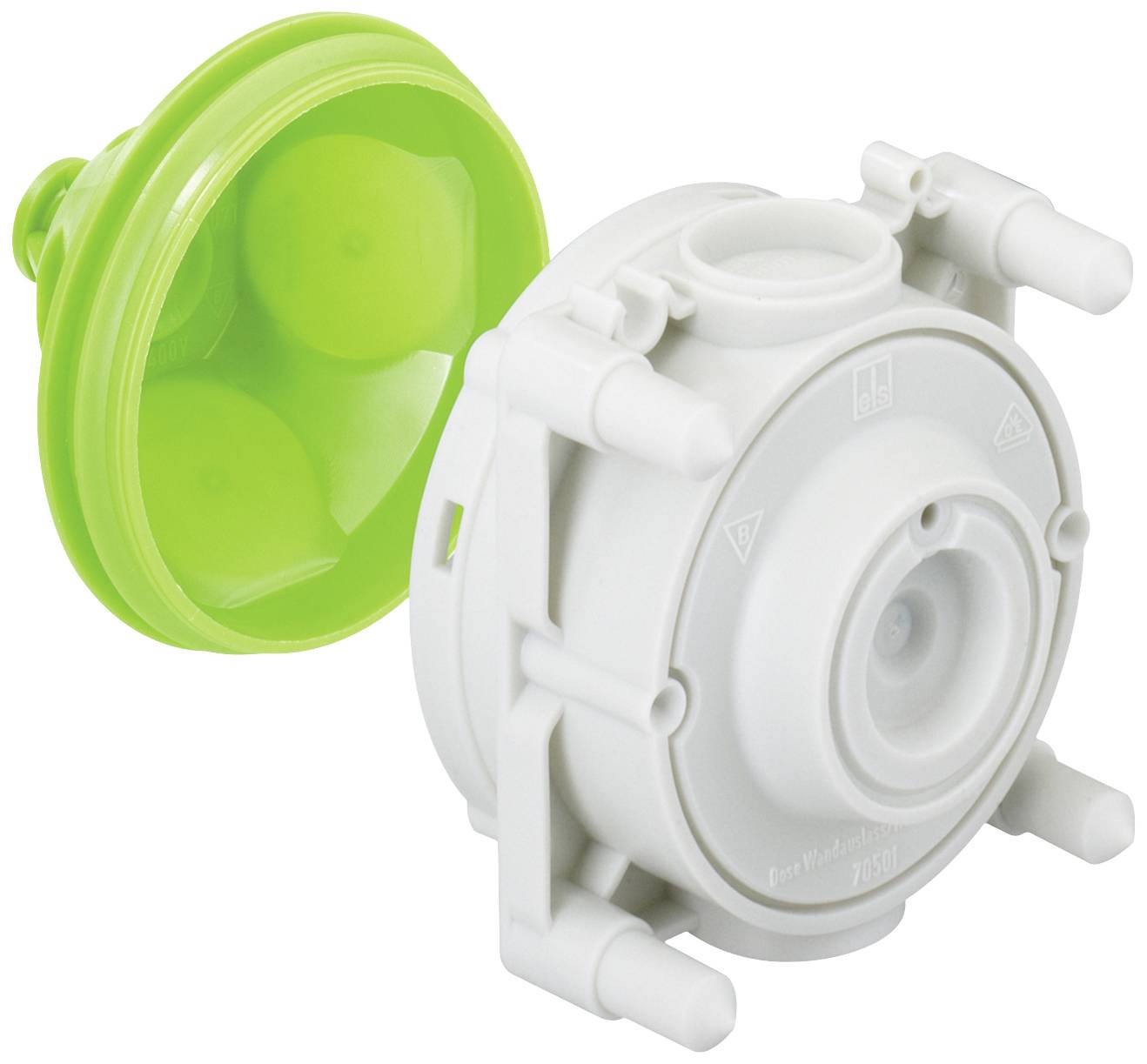 Un filtre à eau blanc avec un capuchon vert montrant trois ventouses. Le filtre possède plusieurs connexions et un design circulaire.