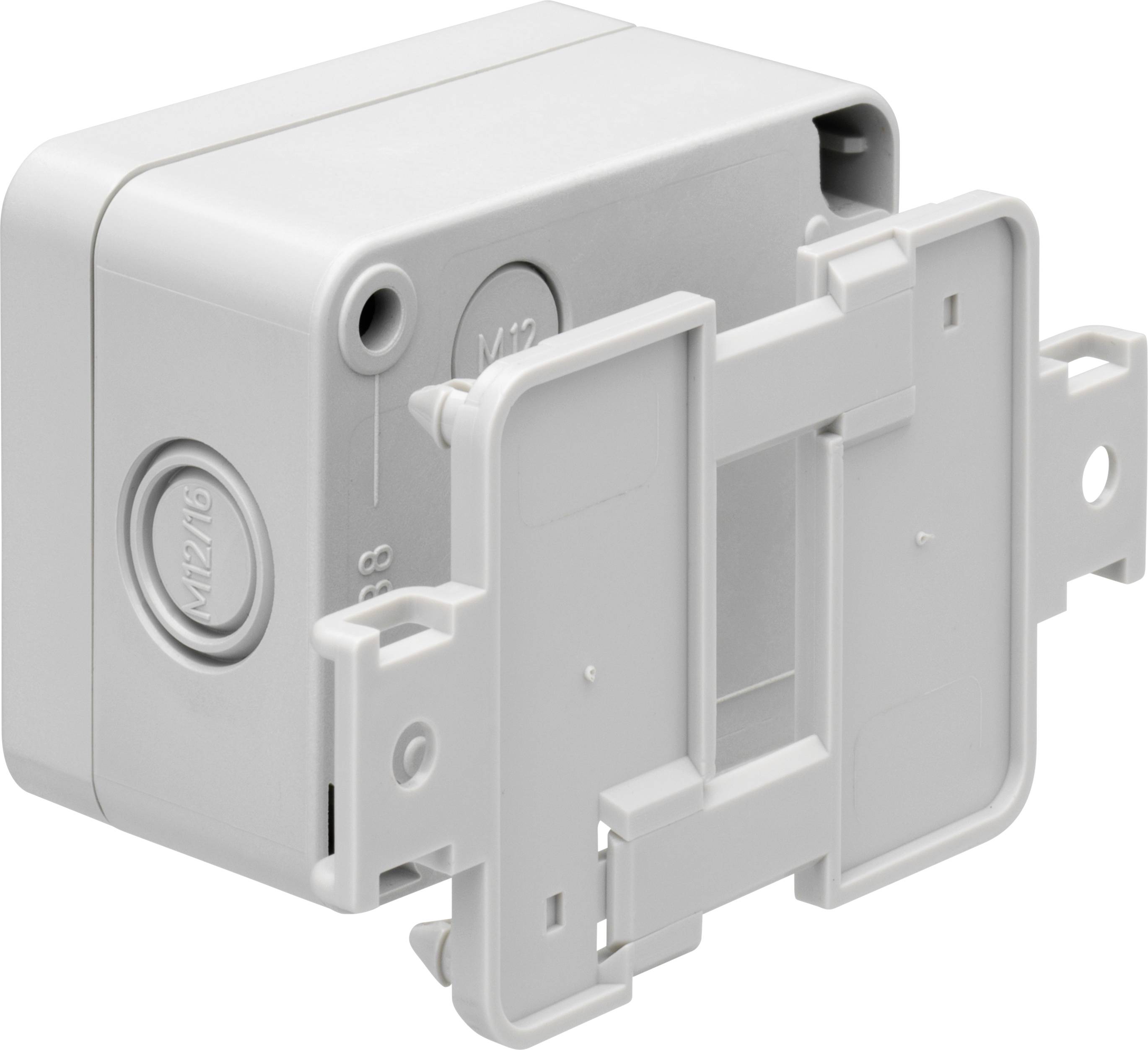 Boîtier rectangulaire en plastique gris avec support amovible, ouvertures latérales, destiné aux installations électriques.