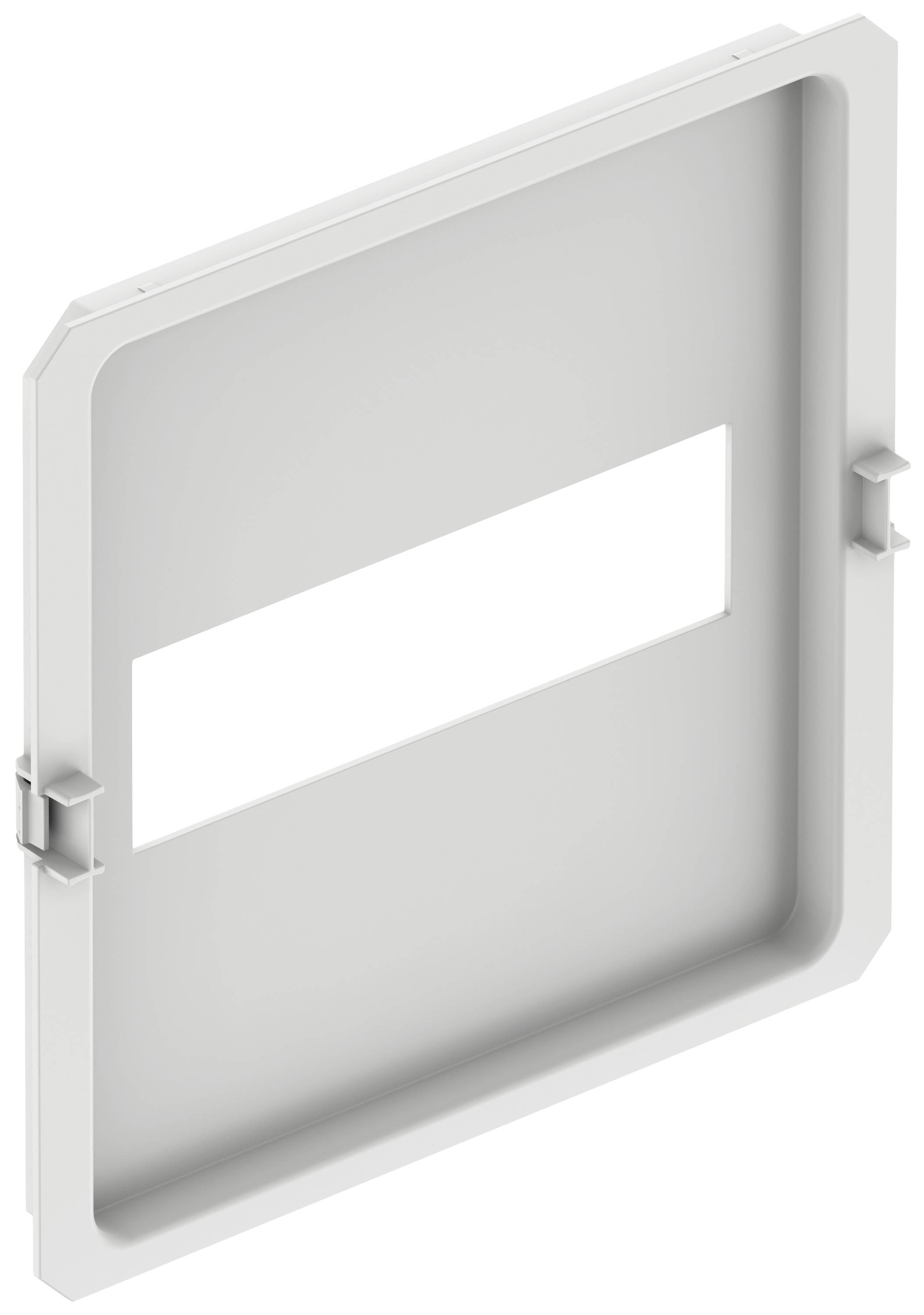 Un cadre rectangulaire en métal avec une découpe rectangulaire au centre. Le cadre dispose de deux clips de fixation sur les côtés.