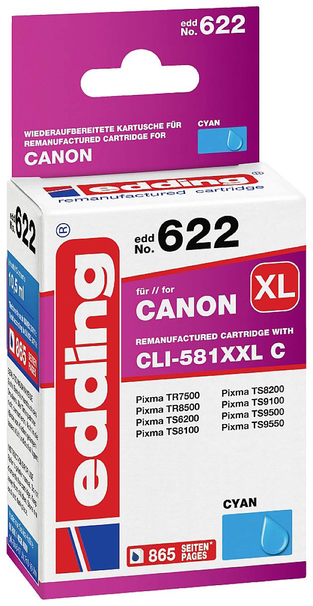 Cartouche d'encre Canon edding 622 en Cyan, taille XL. Compatible avec les modèles Canon TR et TS. Capacité de 865 pages.