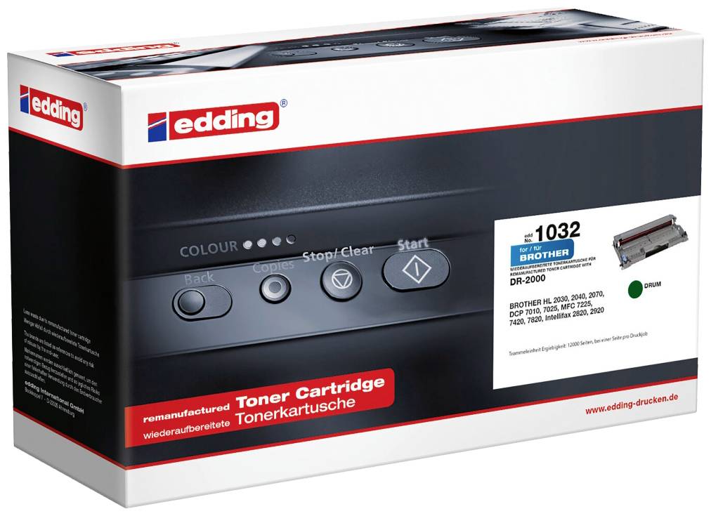 L'emballage d'une cartouche de toner edding présente des touches d'un panneau de commande d'imprimante. Compatible avec divers modèles d'imprimantes Brother.