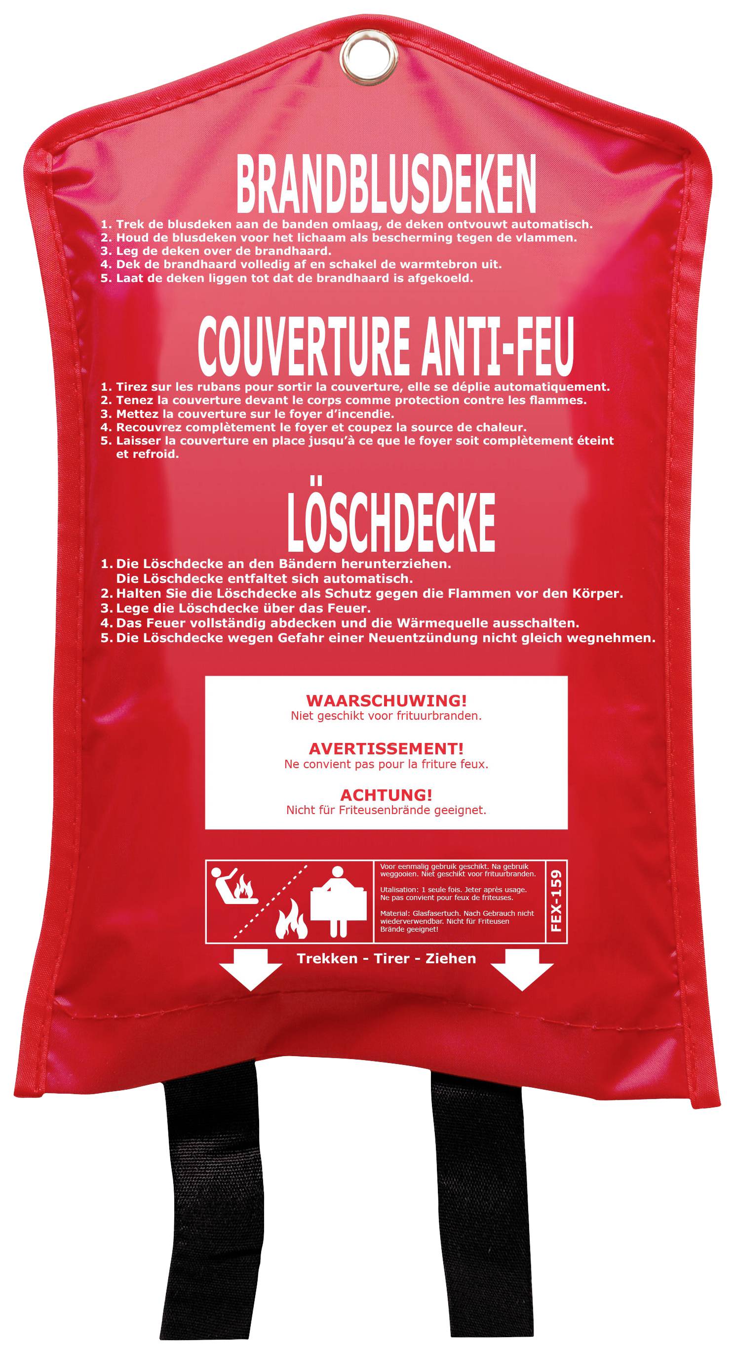 Couverture anti-feu rouge avec mode d'emploi multilingue pour l'utilisation en cas d'incendie et avertissements, incluant des pictogrammes d'utilisation.
