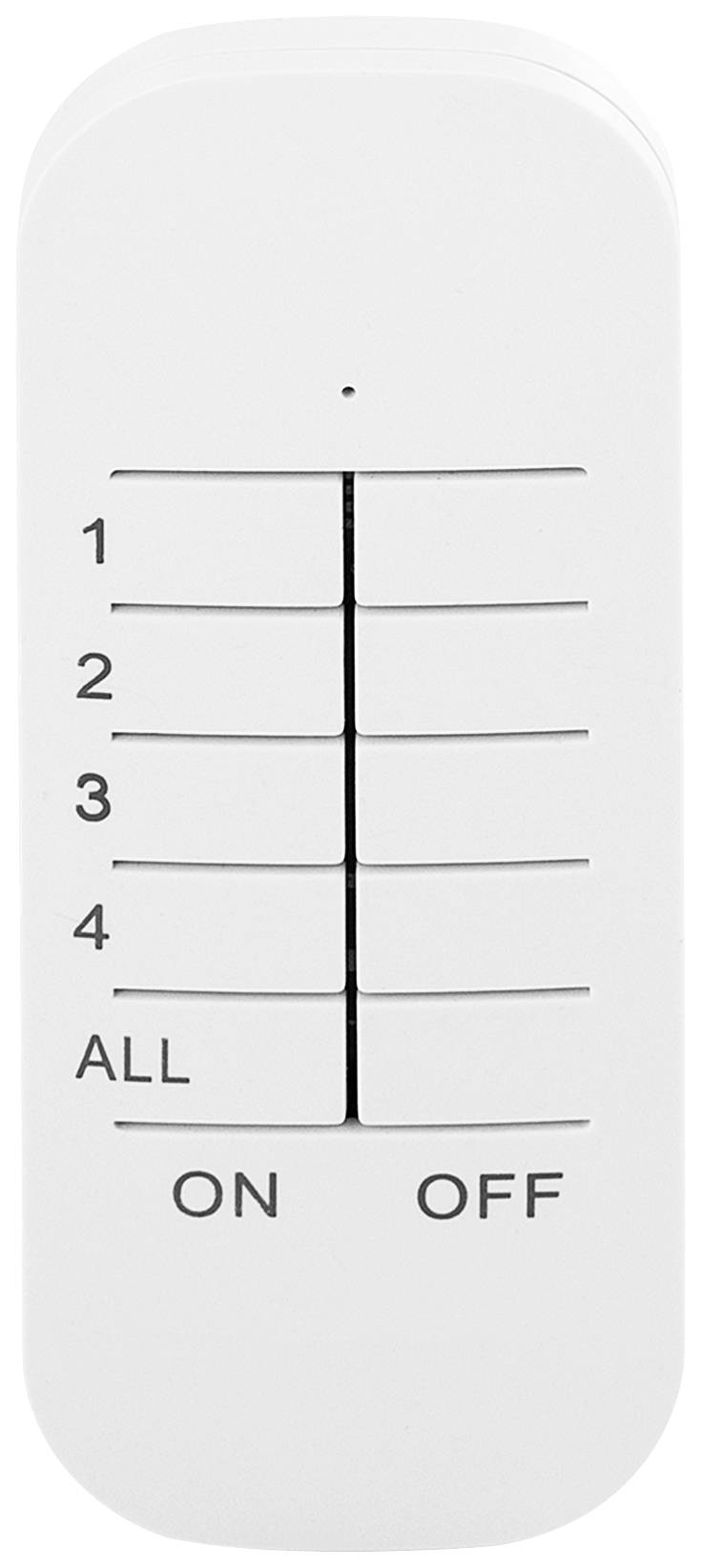 Télécommande à 5 touches. Étiquettes : 1, 2, 3, 4, ALL. En bas sont inscrits 'ON' et 'OFF'.