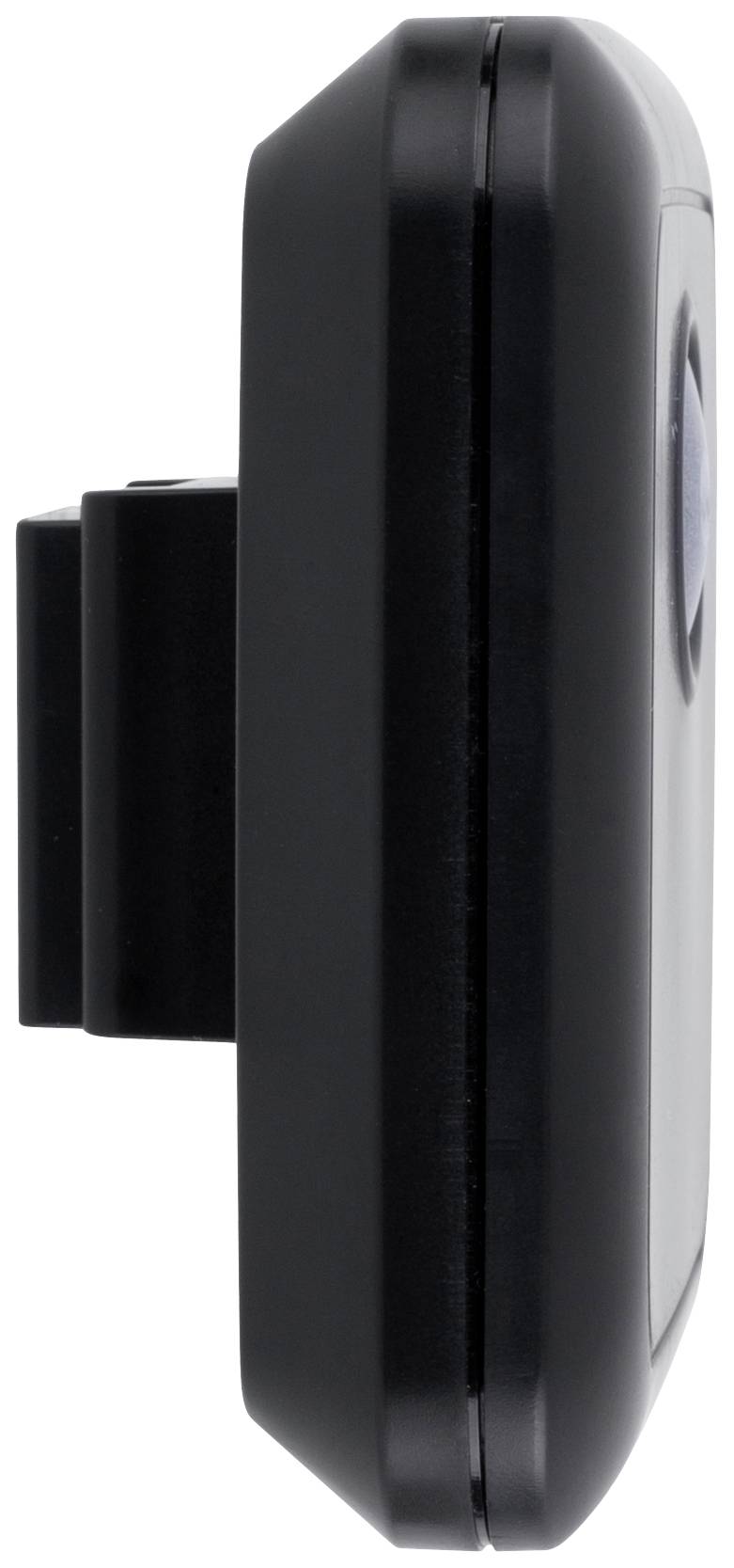 Un appareil électronique noir rectangulaire, vu de côté, avec des bords arrondis et un élément en saillie.