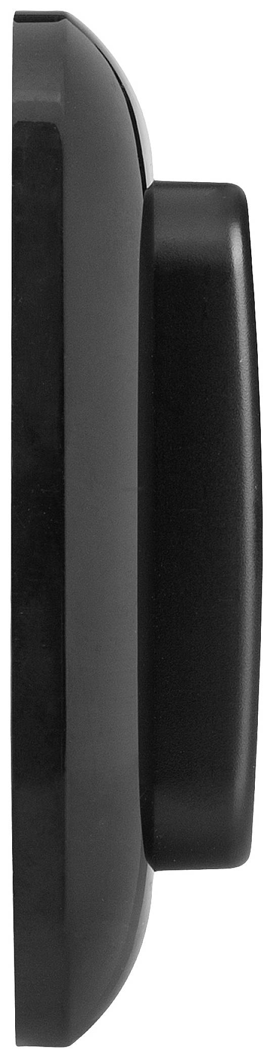 Appareil ovale noir brillant, représenté de côté. Il possède une partie centrale proéminente.