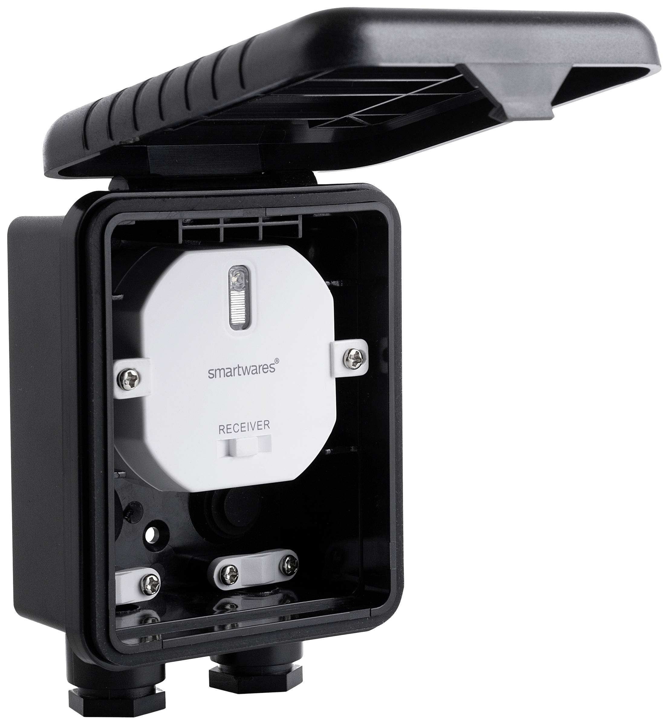 Prise électrique noire, résistante aux intempéries, avec couvercle ouvert. À l'intérieur se trouve un appareil électrique portant l'inscription 'Receiver'.