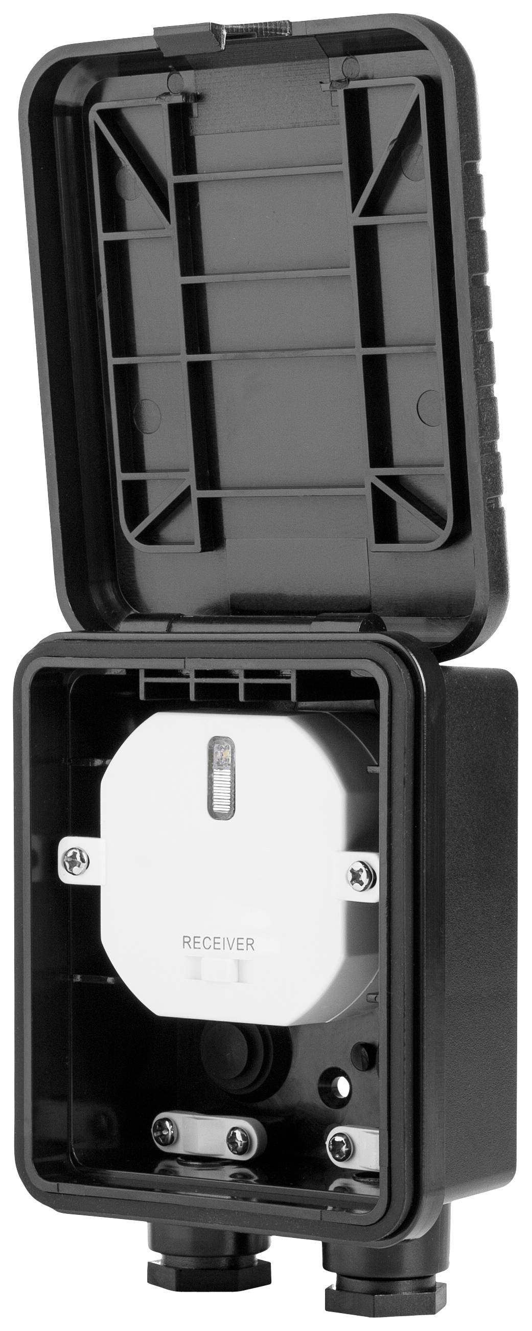 Une boîte en plastique noir ouverte avec une unité de réception électrique blanche fixée au centre.