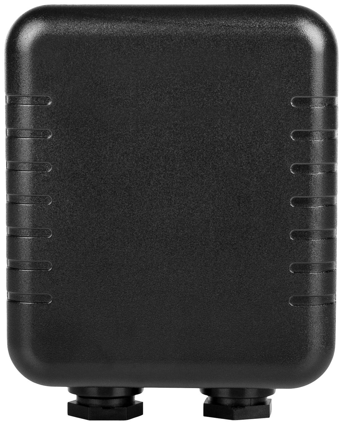 Un appareil noir, rectangulaire avec des coins arrondis, doté de deux connexions en bas, probablement un module électronique.